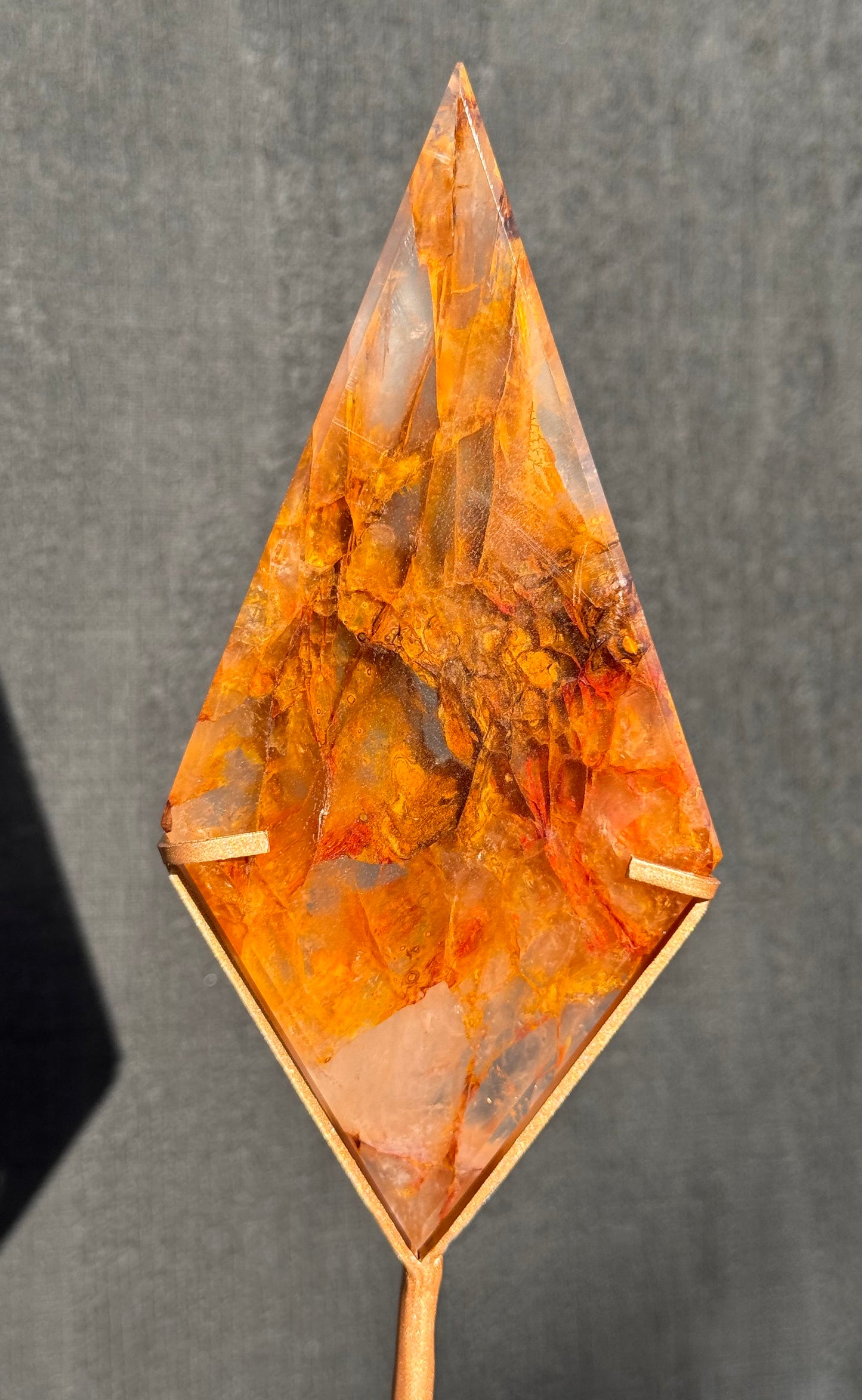 Golden Healer & Fire Quartz in Girasol Quartz Carved Diamond on Stand
