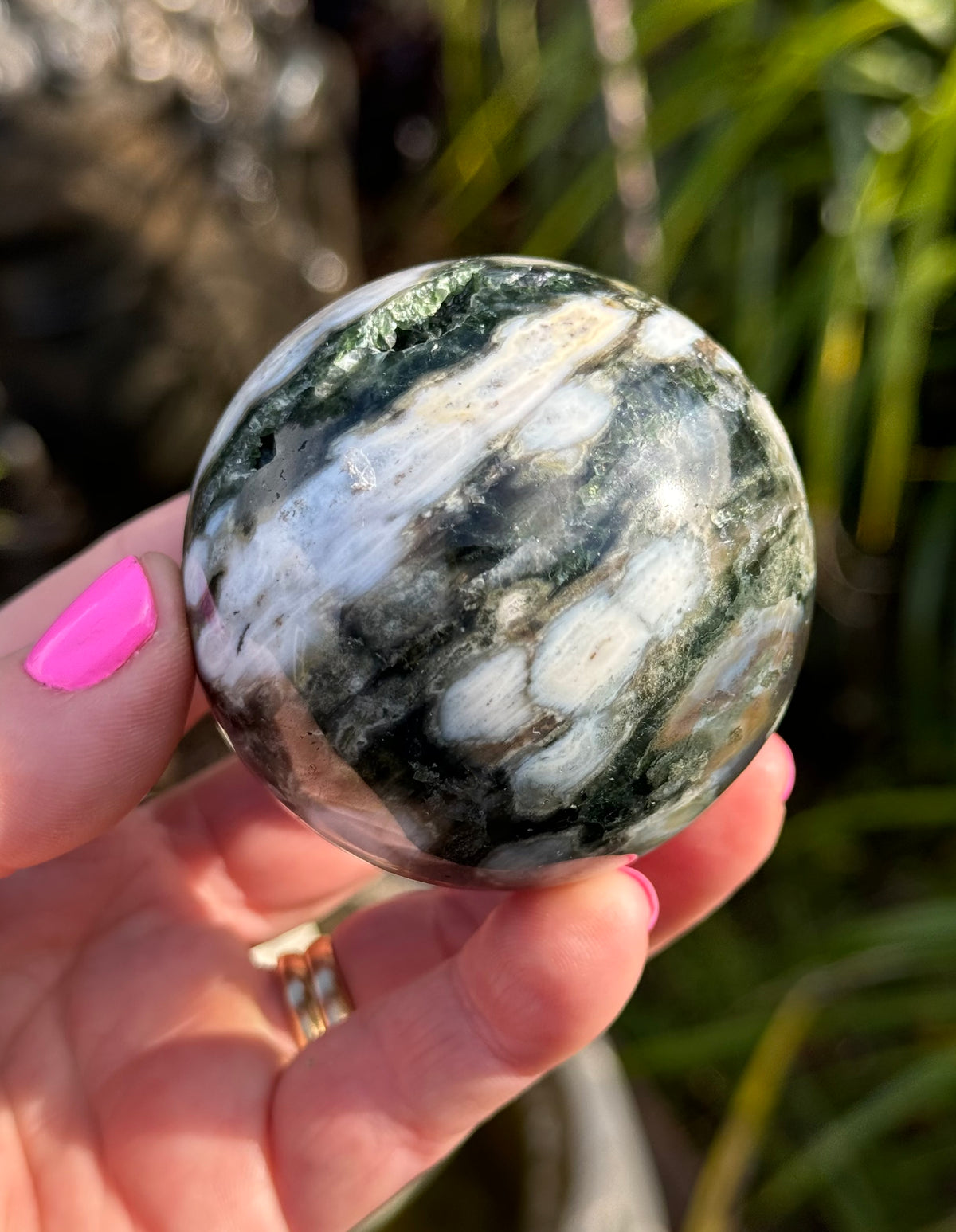 Gorgeous Rare Orbicular Ocean Jasper Sphere with Druzy – Old Stock, 6th Vein