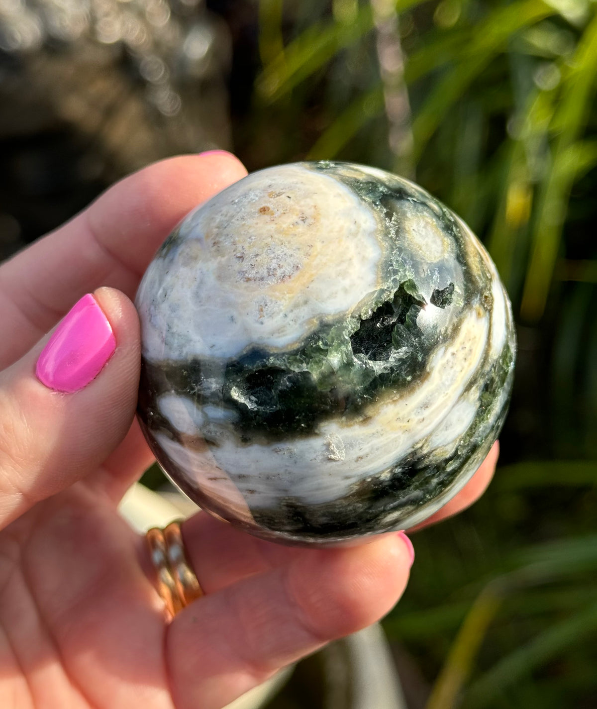 Gorgeous Rare Orbicular Ocean Jasper Sphere with Druzy – Old Stock, 6th Vein