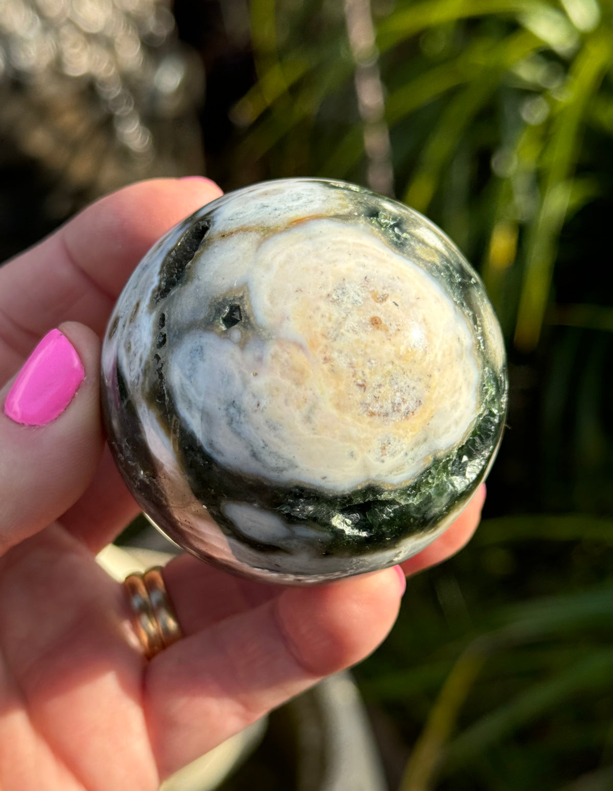 Gorgeous Rare Orbicular Ocean Jasper Sphere with Druzy – Old Stock, 6th Vein