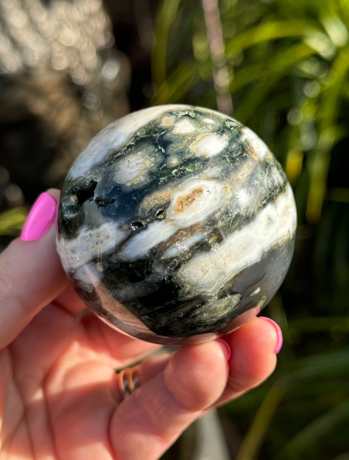 Gorgeous Rare Orbicular Ocean Jasper Sphere with Druzy – Old Stock, 6th Vein