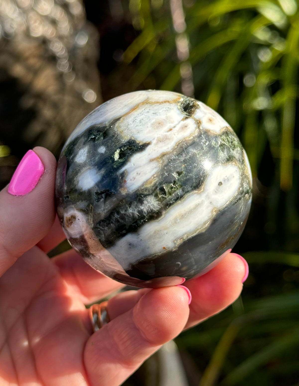 Gorgeous Rare Orbicular Ocean Jasper Sphere with Druzy – Old Stock, 6th Vein