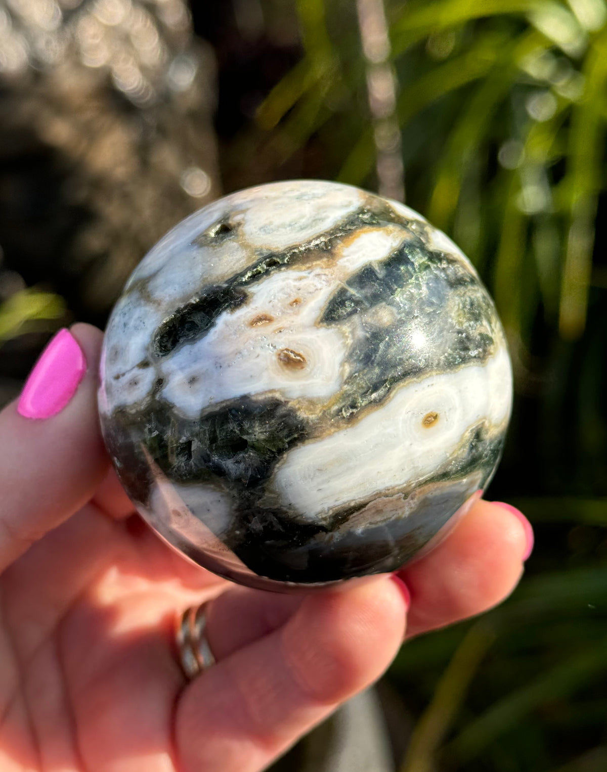 Gorgeous Rare Orbicular Ocean Jasper Sphere with Druzy – Old Stock, 6th Vein