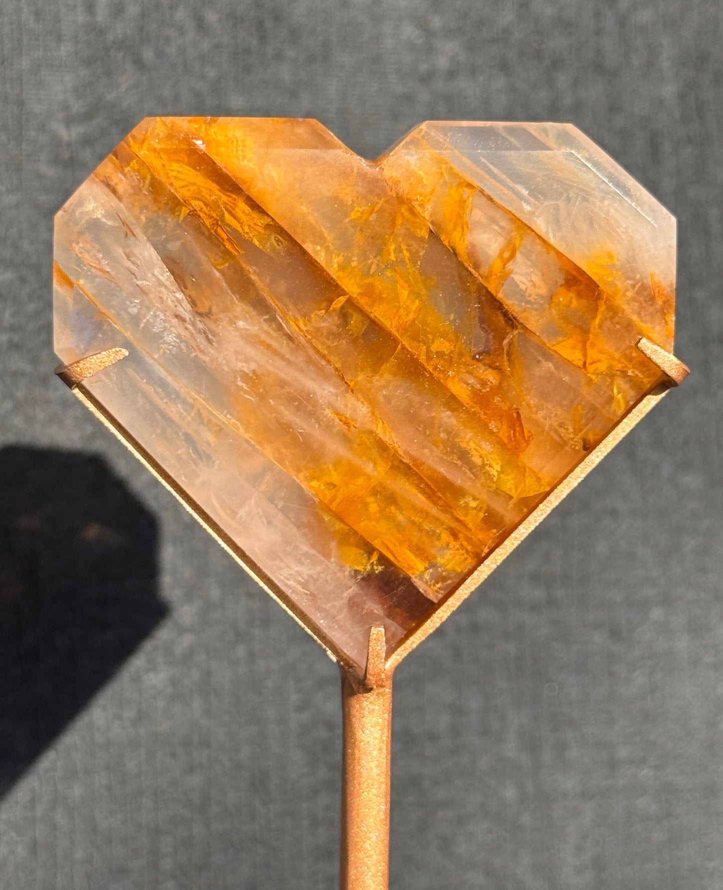 Golden Healer and Rose Girasol Quartz Faceted Heart on a stand