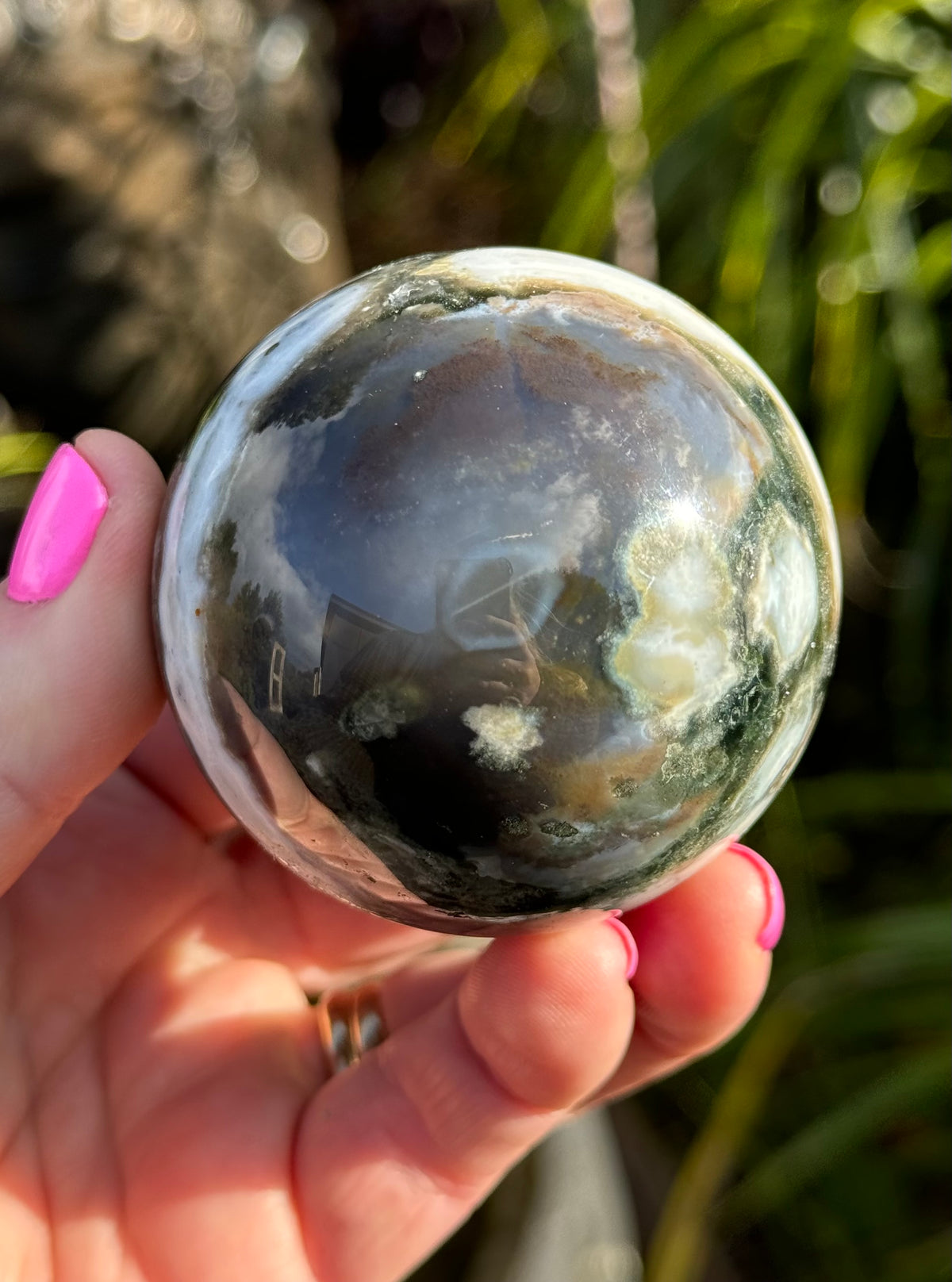 Gorgeous Rare Orbicular Ocean Jasper Sphere with Druzy – Old Stock, 6th Vein