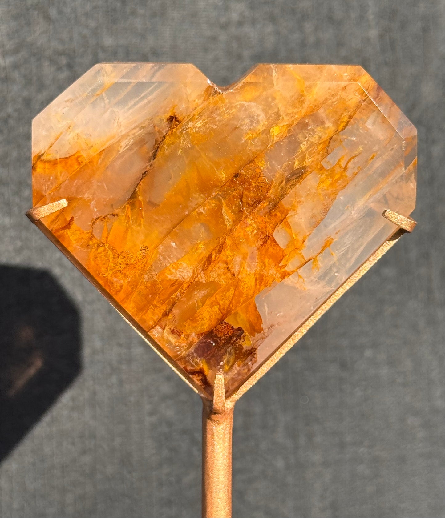 Golden Healer and Rose Girasol Quartz Faceted Heart on a stand