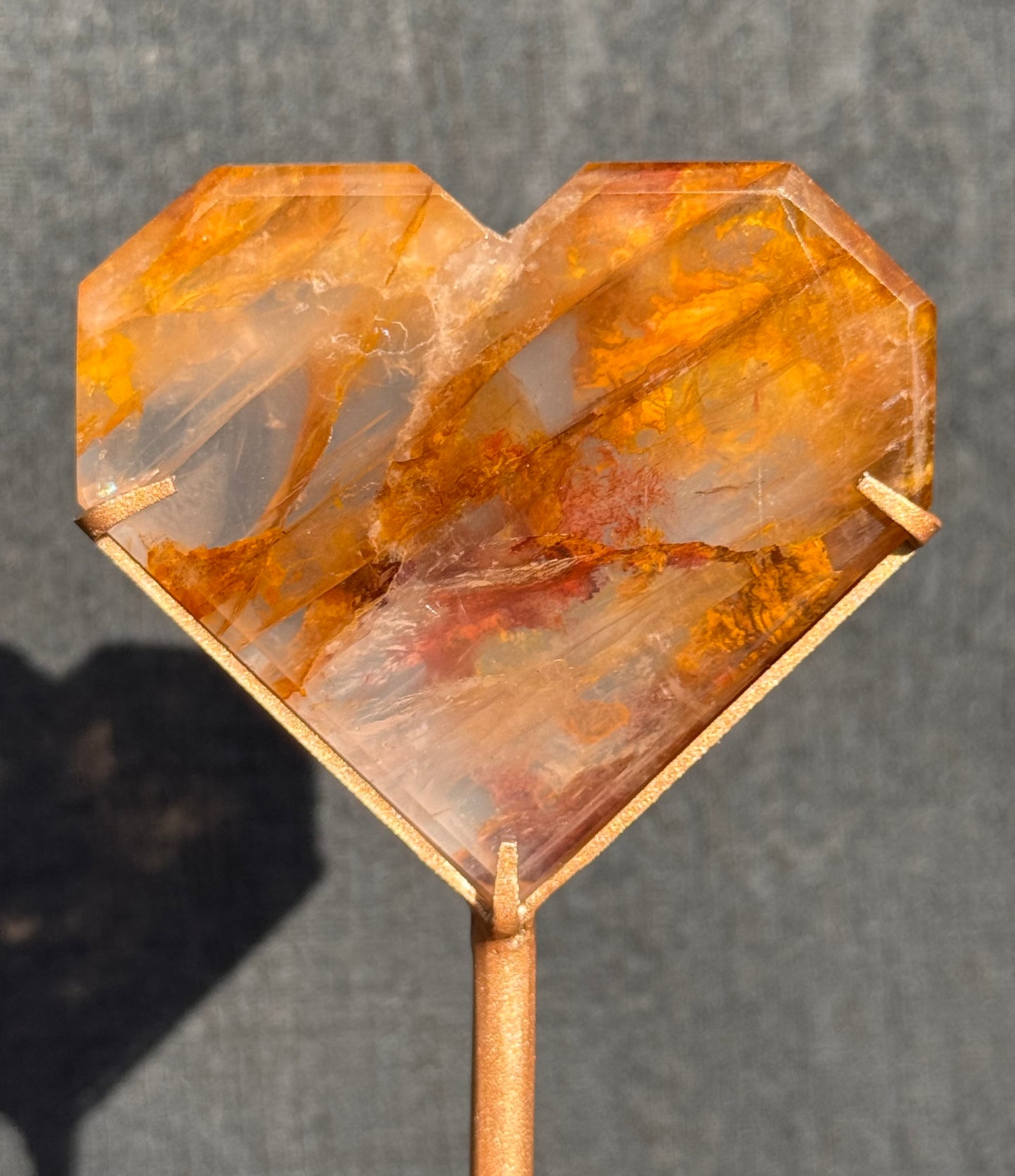 Golden Healer, Fire and Girasol Quartz Faceted Heart on a stand