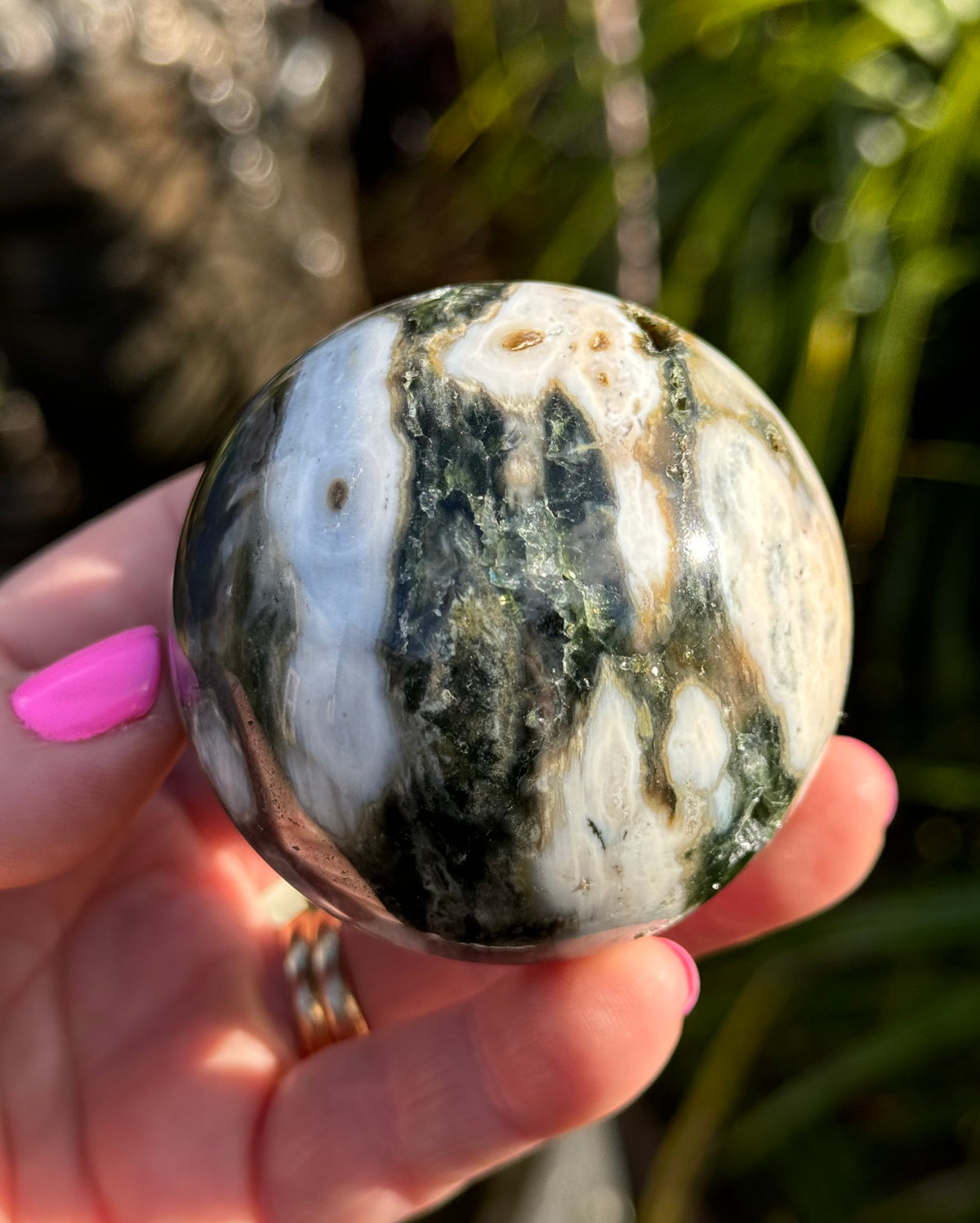 Gorgeous Rare Orbicular Ocean Jasper Sphere with Druzy – Old Stock, 6th Vein
