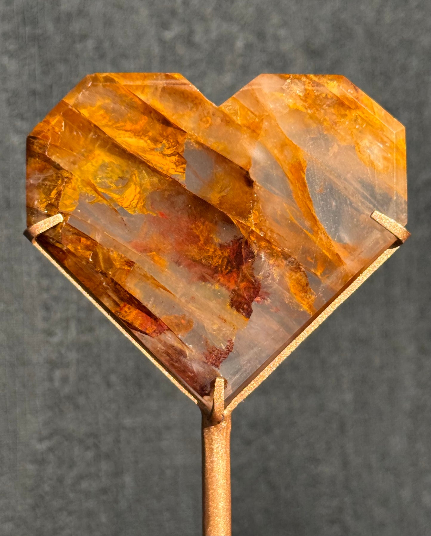 Golden Healer, Fire and Girasol Quartz Faceted Heart on a stand