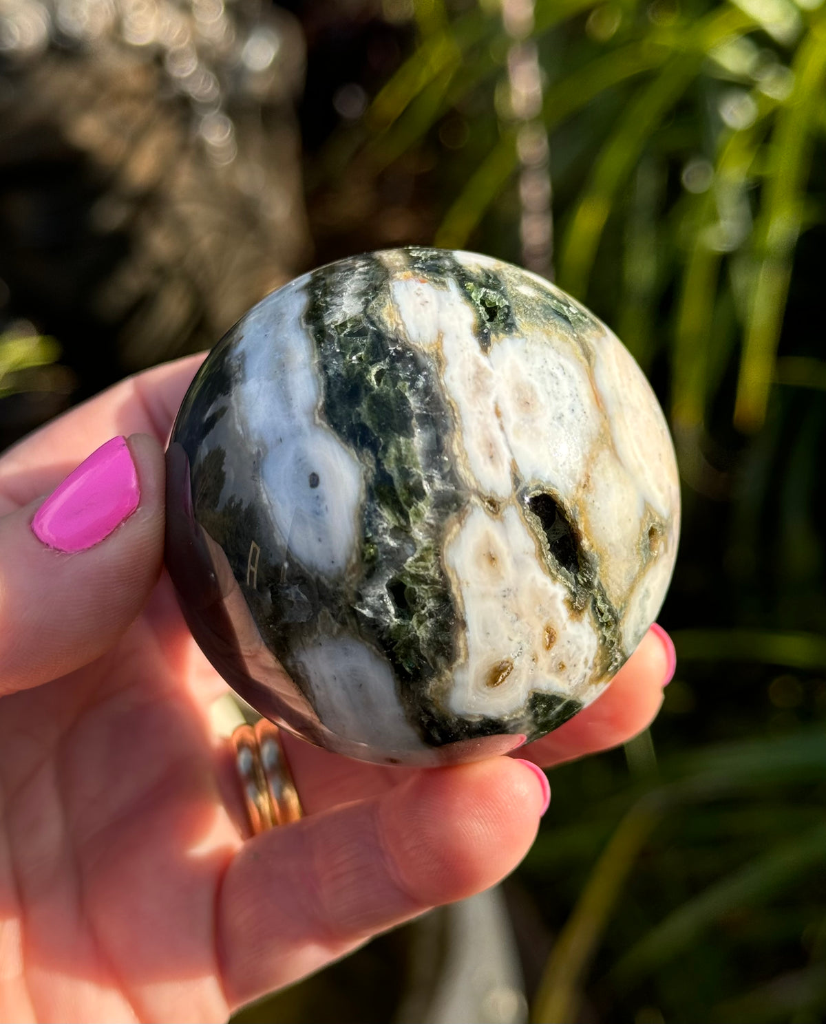 Gorgeous Rare Orbicular Ocean Jasper Sphere with Druzy – Old Stock, 6th Vein
