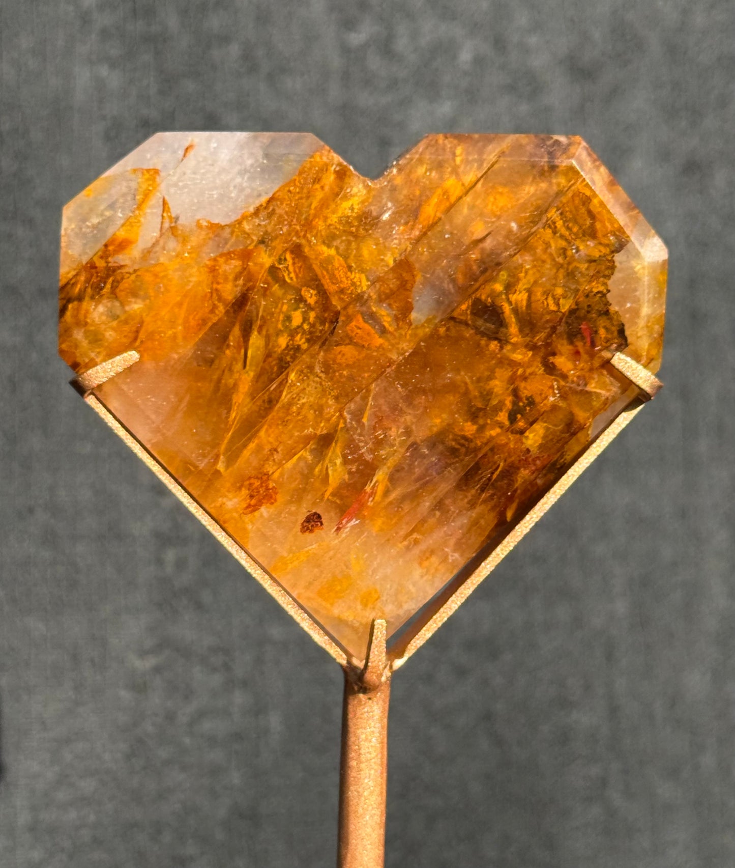 Golden Healer and Girasol Quartz Faceted Heart on a stand