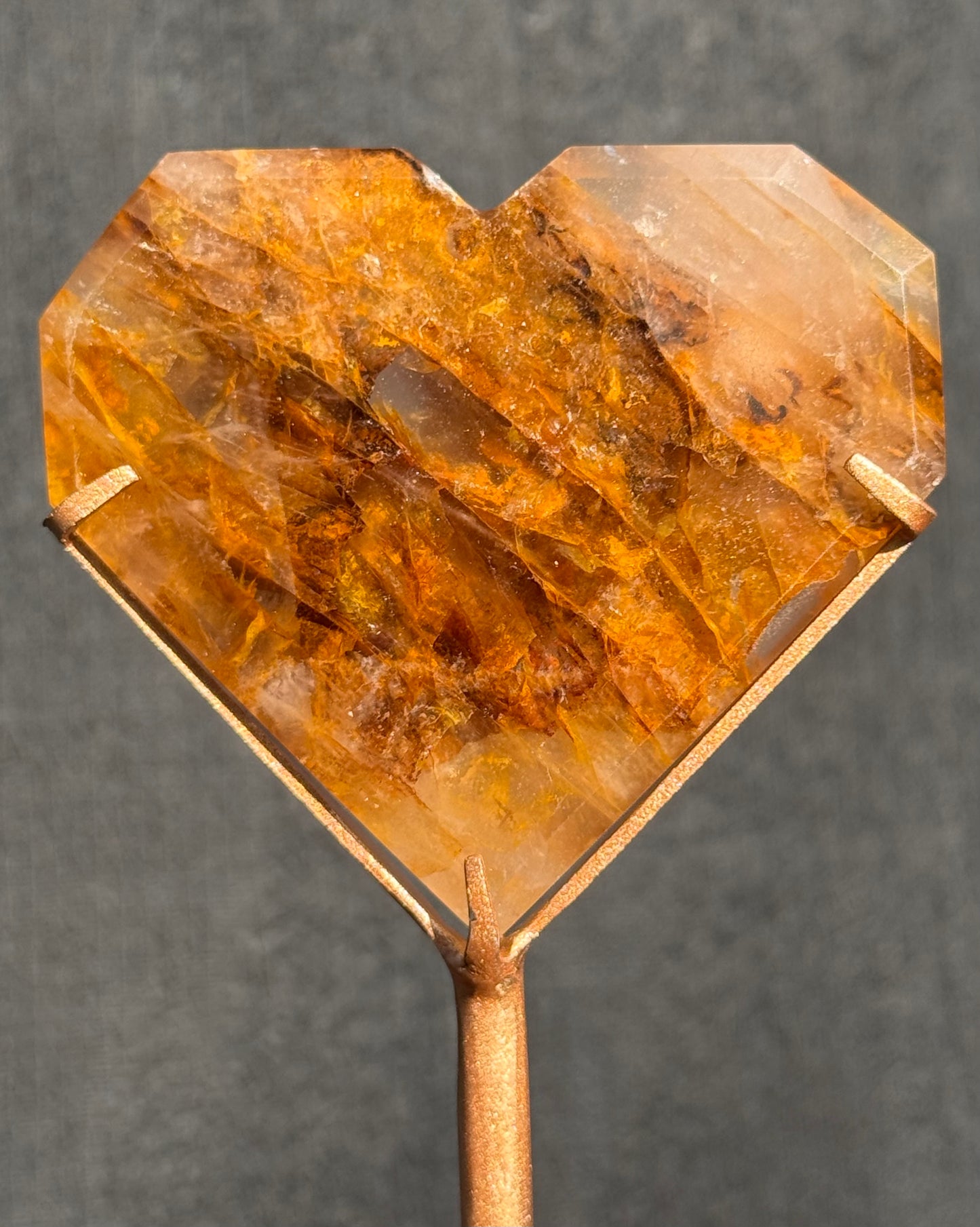 Golden Healer and Girasol Quartz Faceted Heart on a stand