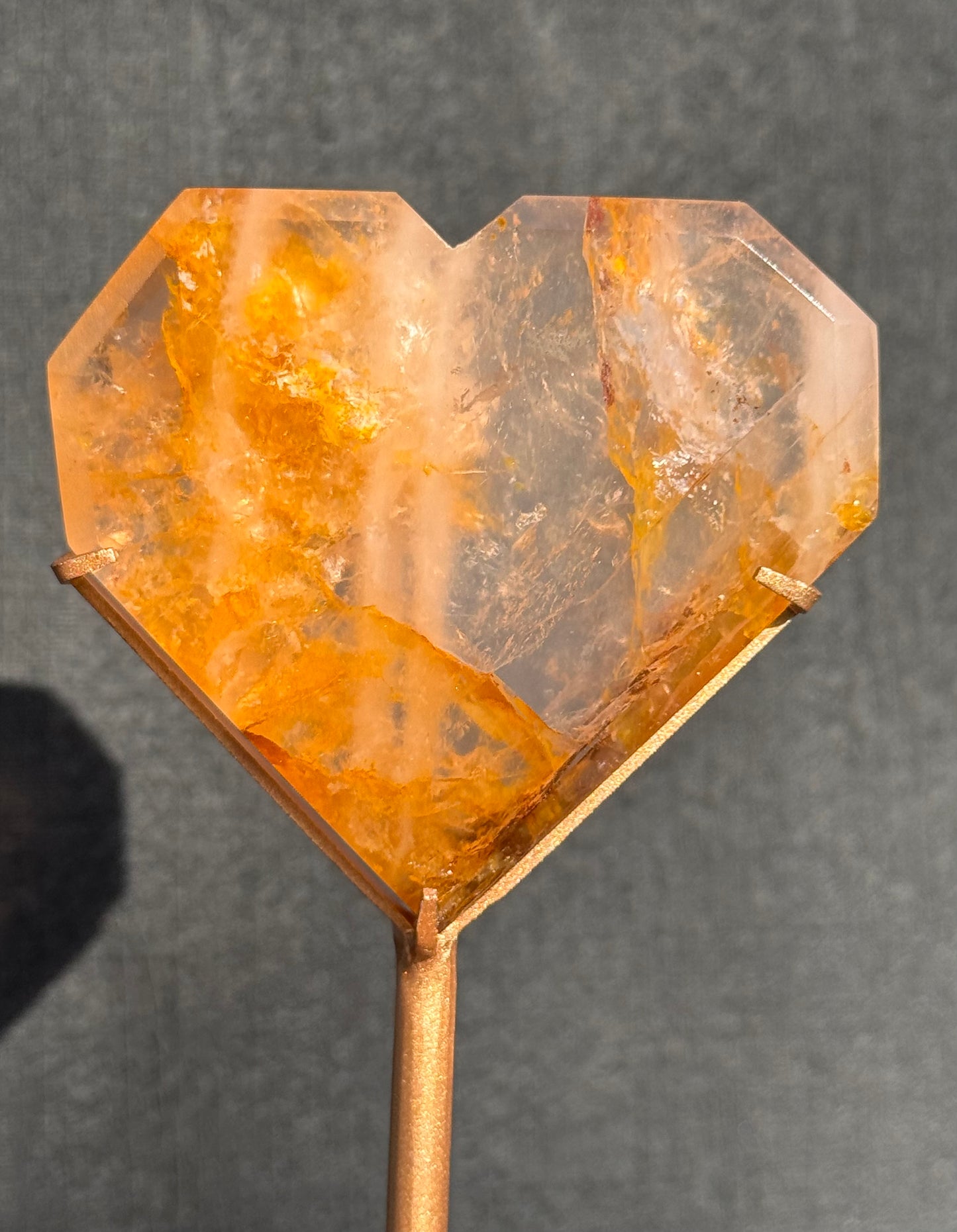 Golden Healer and Rose Girasol Quartz Faceted Heart on a stand