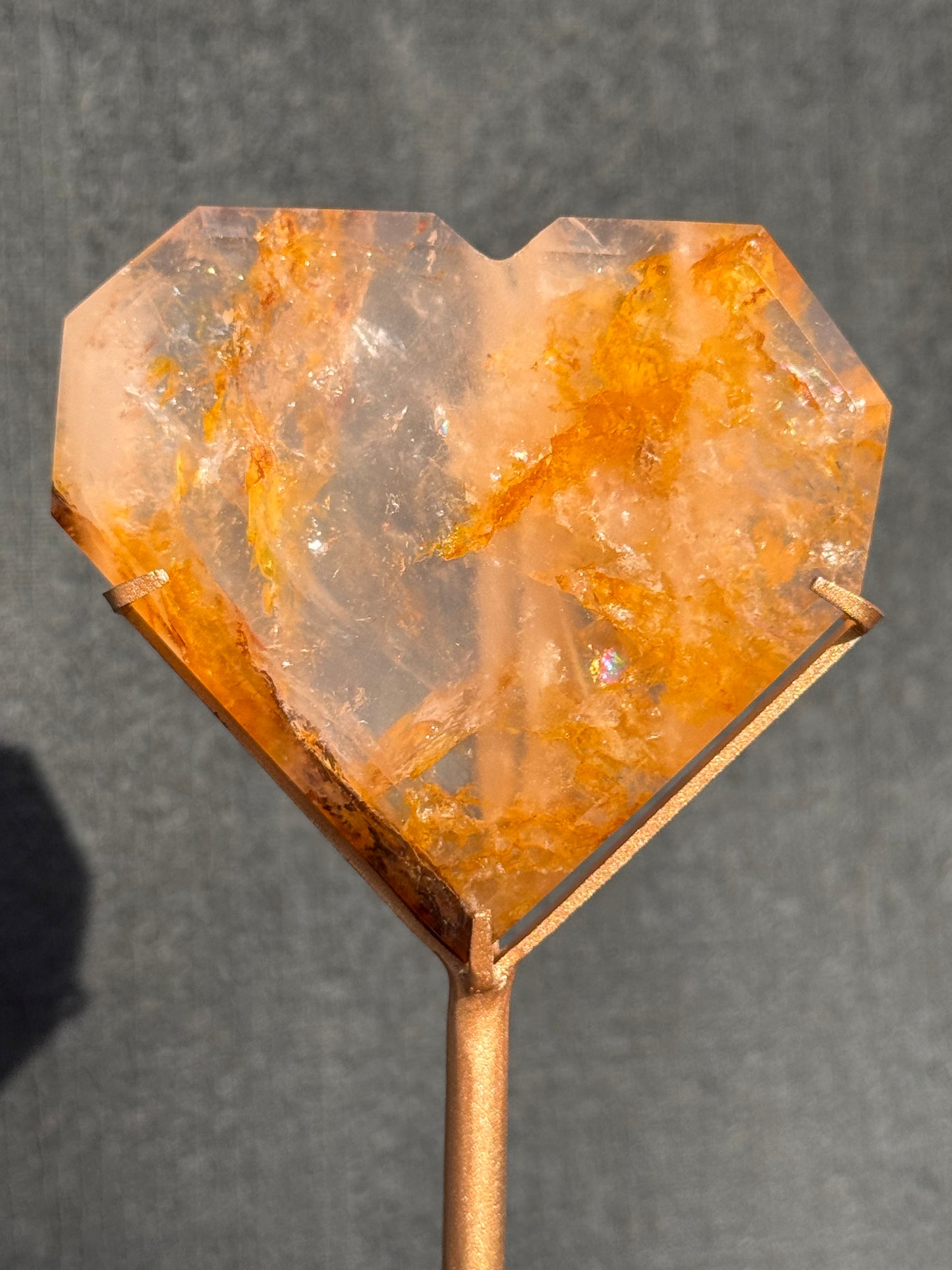 Golden Healer and Rose Girasol Quartz Faceted Heart on a stand