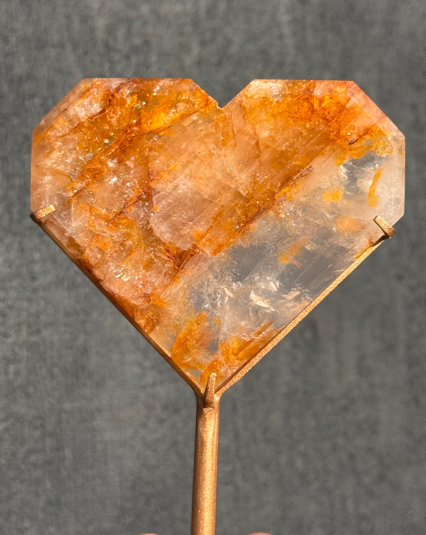 Golden Healer and Girasol Quartz Faceted Heart on a stand