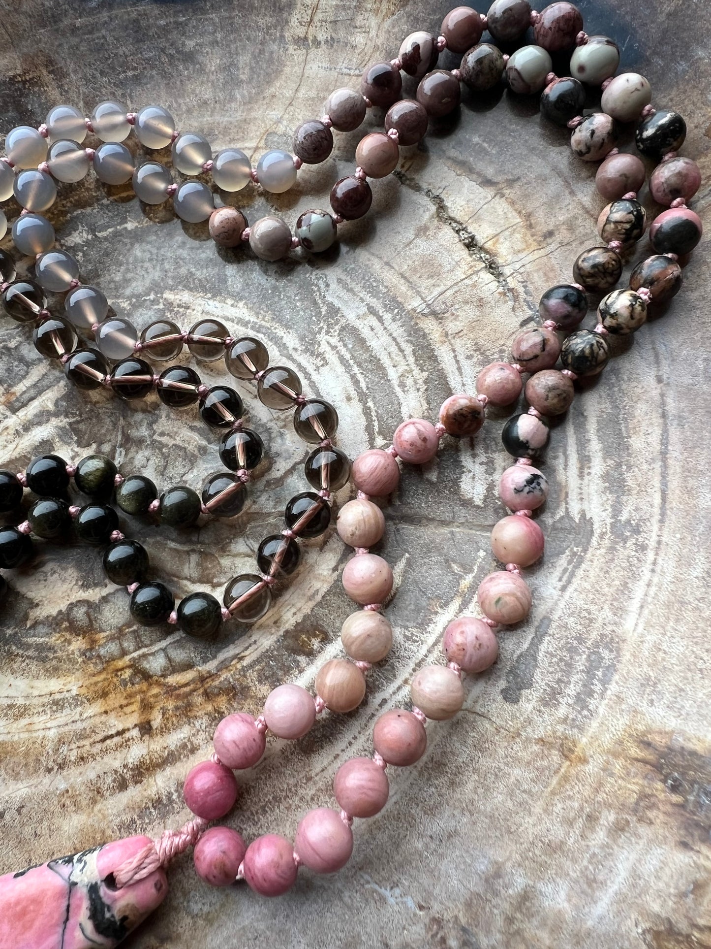 Mālā with Rhodonite Beads and an Australian Rhodonite Pendant