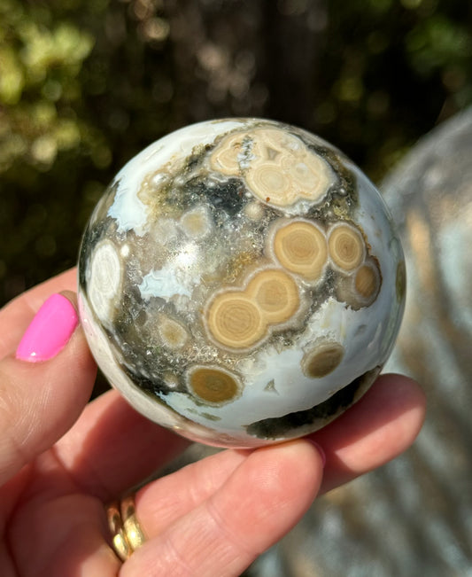 Gorgeous Rare Orbicular Ocean Jasper Sphere with Druzy – Old Stock, 6th Vein