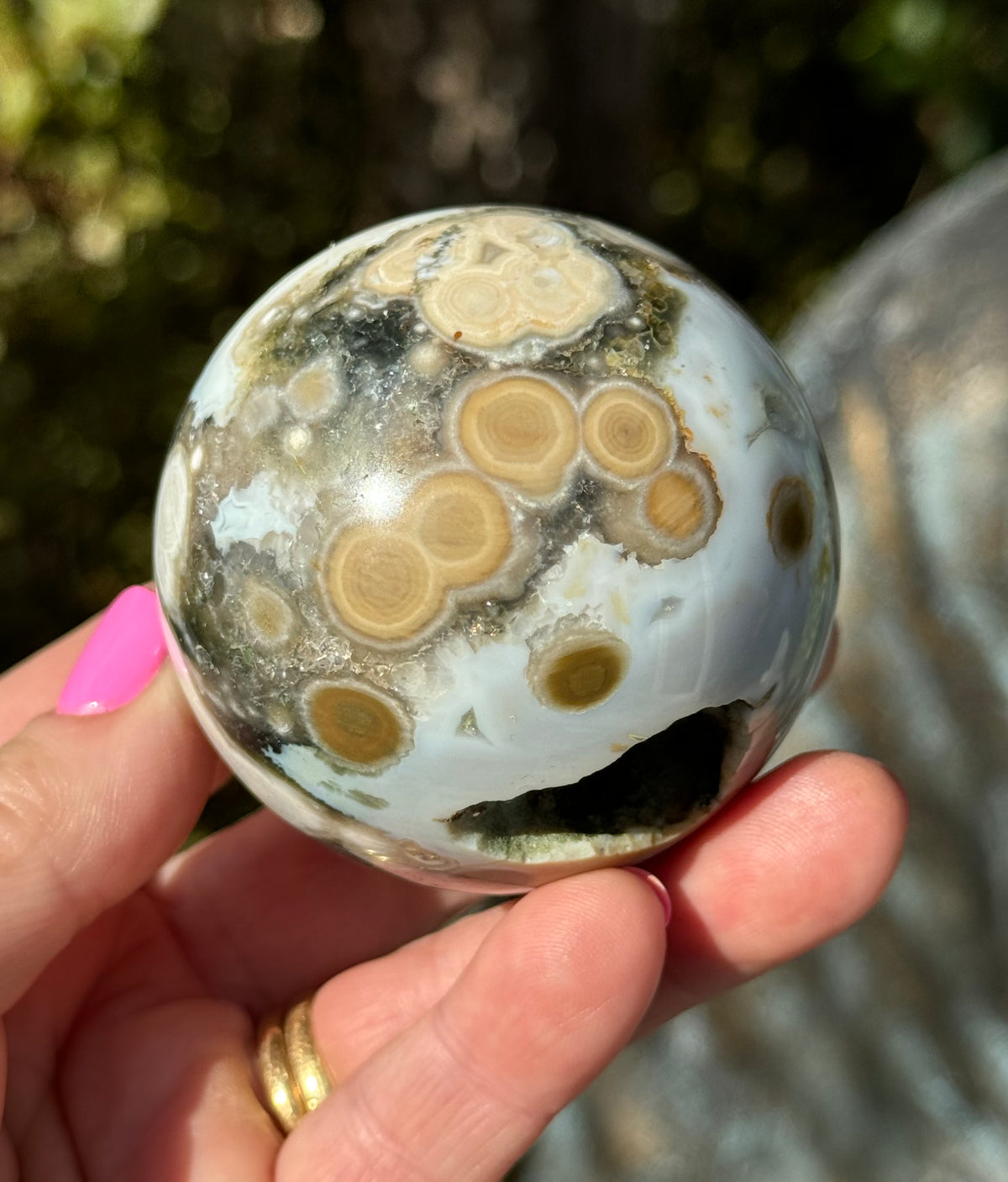 Gorgeous Rare Orbicular Ocean Jasper Sphere with Druzy – Old Stock, 6th Vein