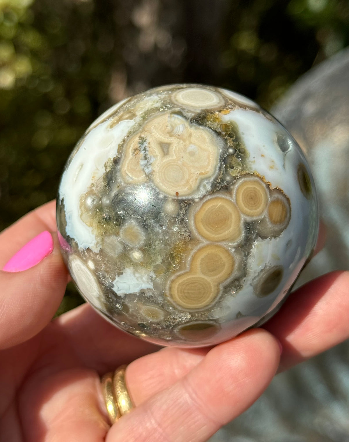 Gorgeous Rare Orbicular Ocean Jasper Sphere with Druzy – Old Stock, 6th Vein