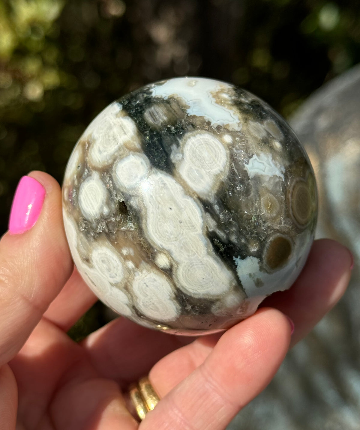 Gorgeous Rare Orbicular Ocean Jasper Sphere with Druzy – Old Stock, 6th Vein