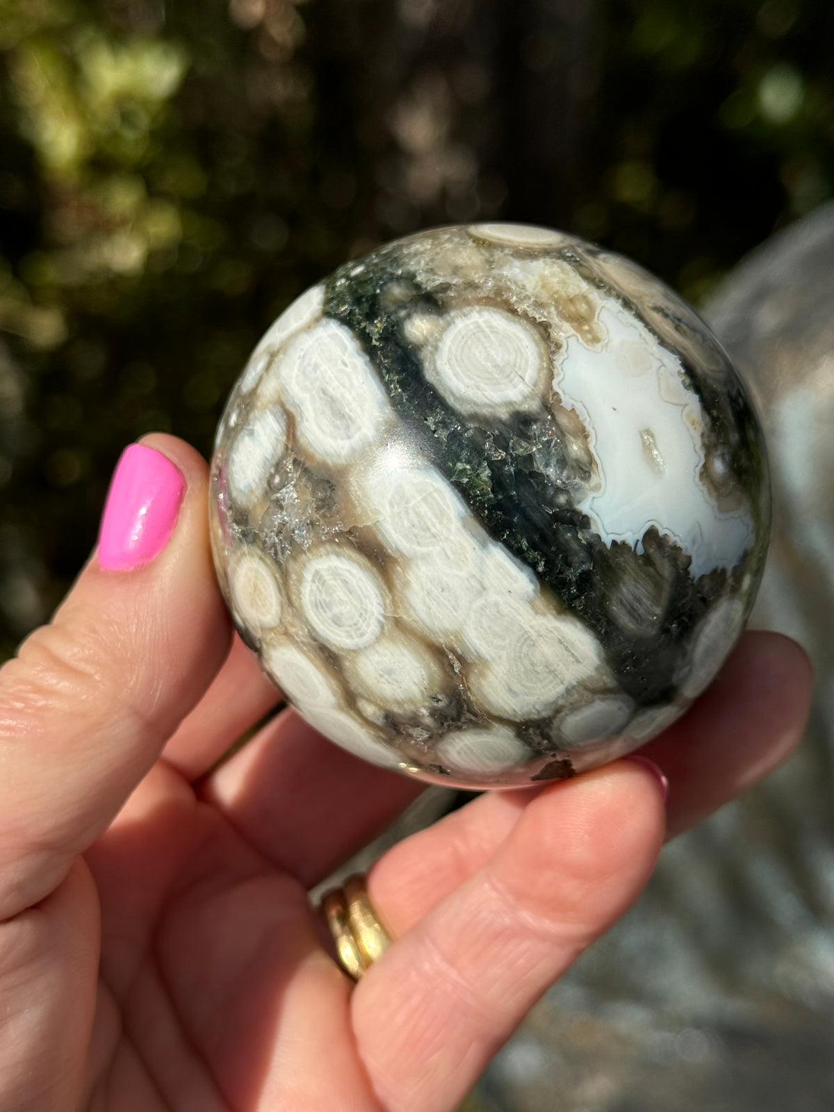 Gorgeous Rare Orbicular Ocean Jasper Sphere with Druzy – Old Stock, 6th Vein