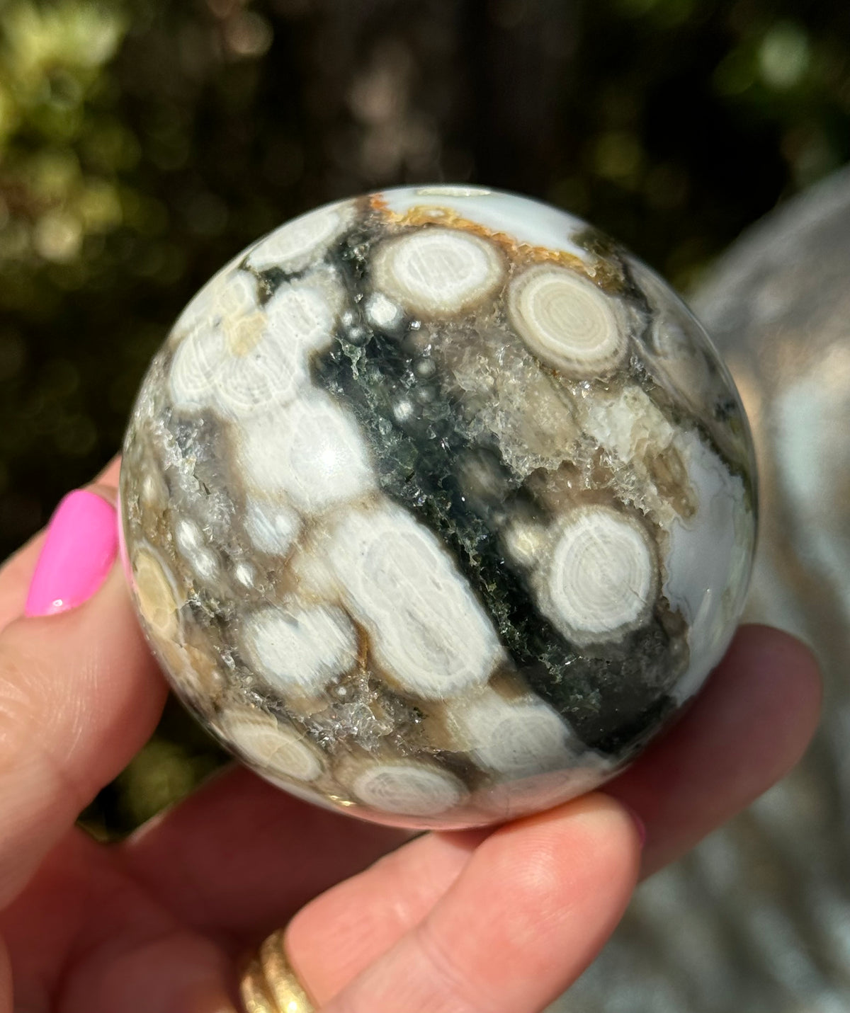 Gorgeous Rare Orbicular Ocean Jasper Sphere with Druzy – Old Stock, 6th Vein
