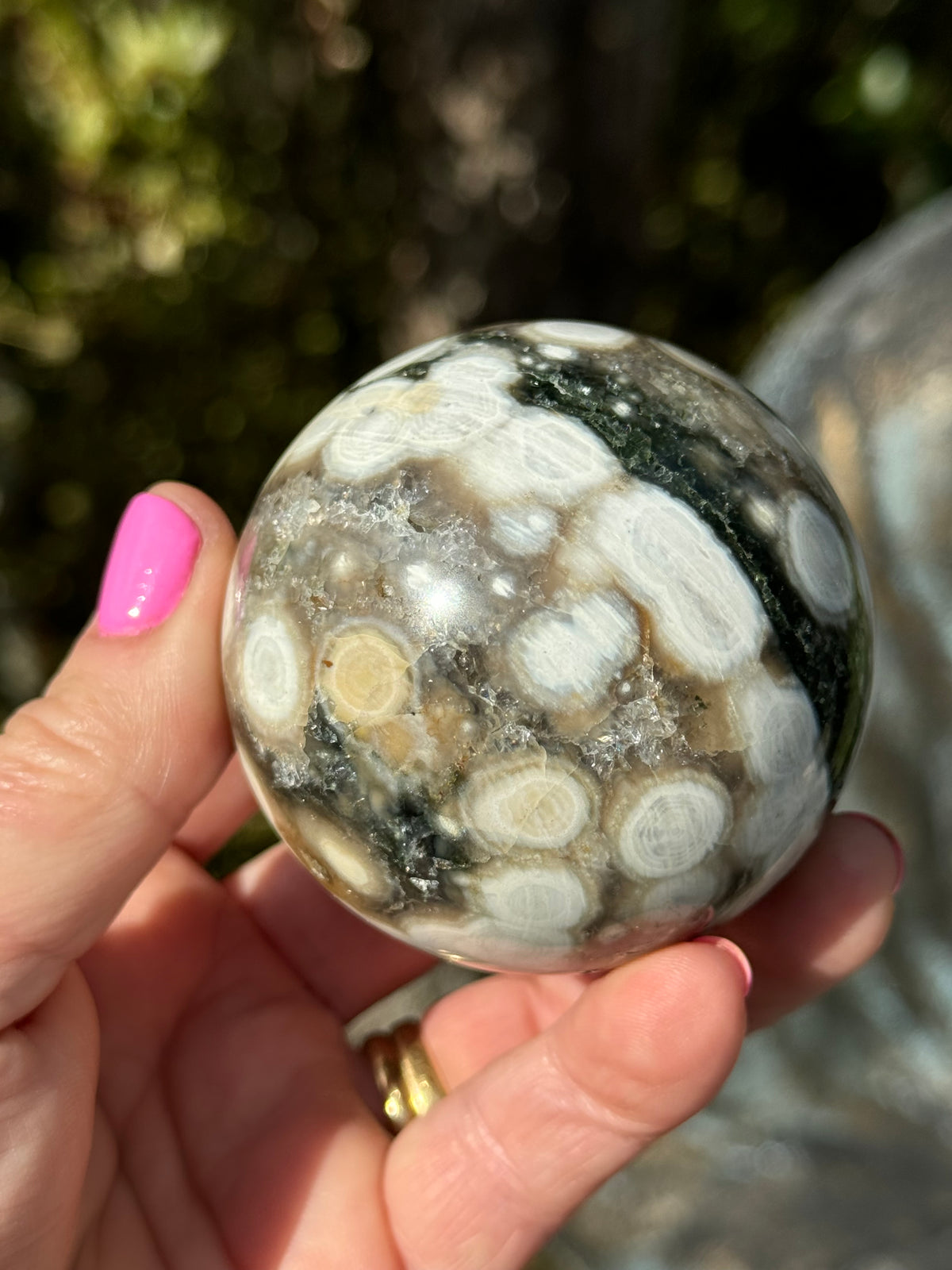 Gorgeous Rare Orbicular Ocean Jasper Sphere with Druzy – Old Stock, 6th Vein