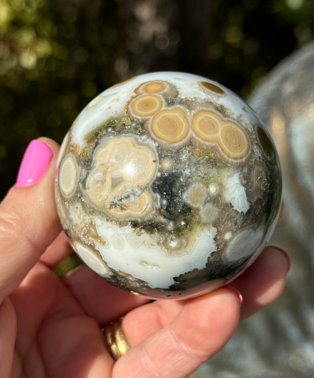 Gorgeous Rare Orbicular Ocean Jasper Sphere with Druzy – Old Stock, 6th Vein