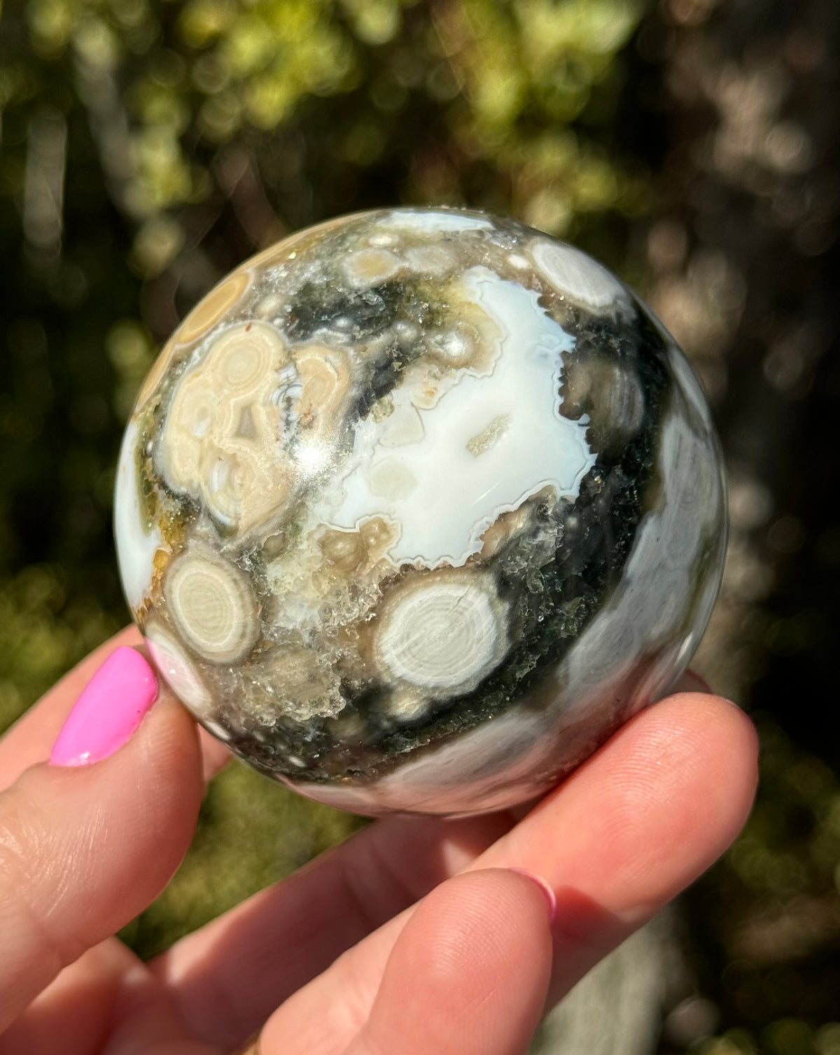 Gorgeous Rare Orbicular Ocean Jasper Sphere with Druzy – Old Stock, 6th Vein
