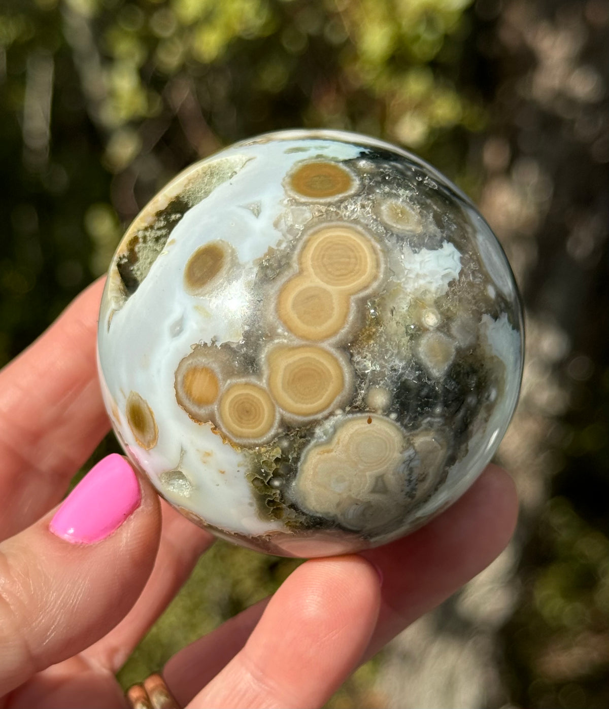 Gorgeous Rare Orbicular Ocean Jasper Sphere with Druzy – Old Stock, 6th Vein