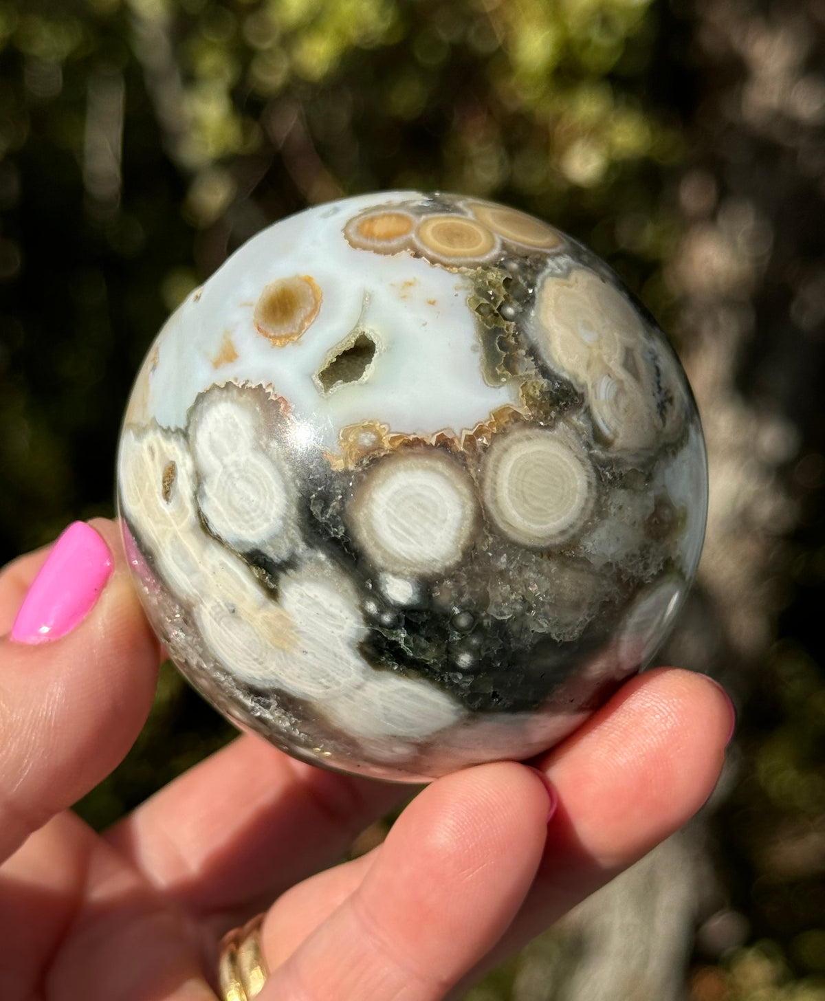 Gorgeous Rare Orbicular Ocean Jasper Sphere with Druzy – Old Stock, 6th Vein