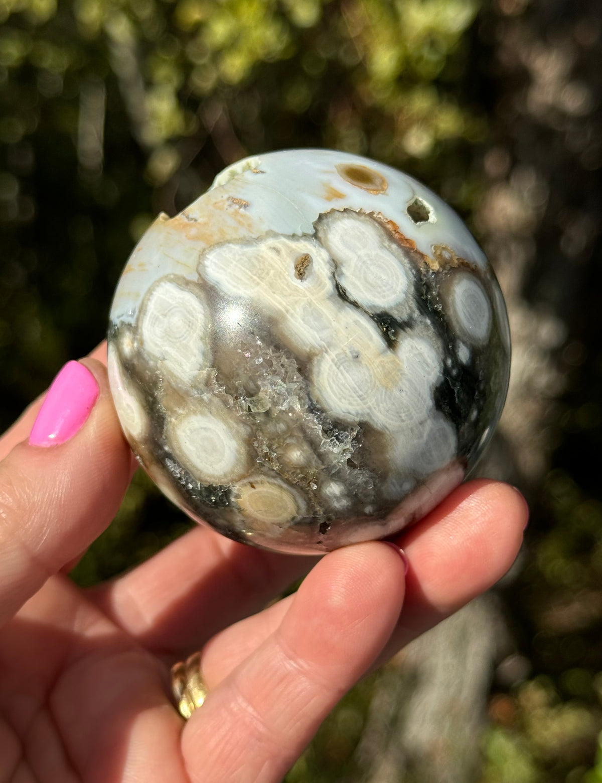 Gorgeous Rare Orbicular Ocean Jasper Sphere with Druzy – Old Stock, 6th Vein