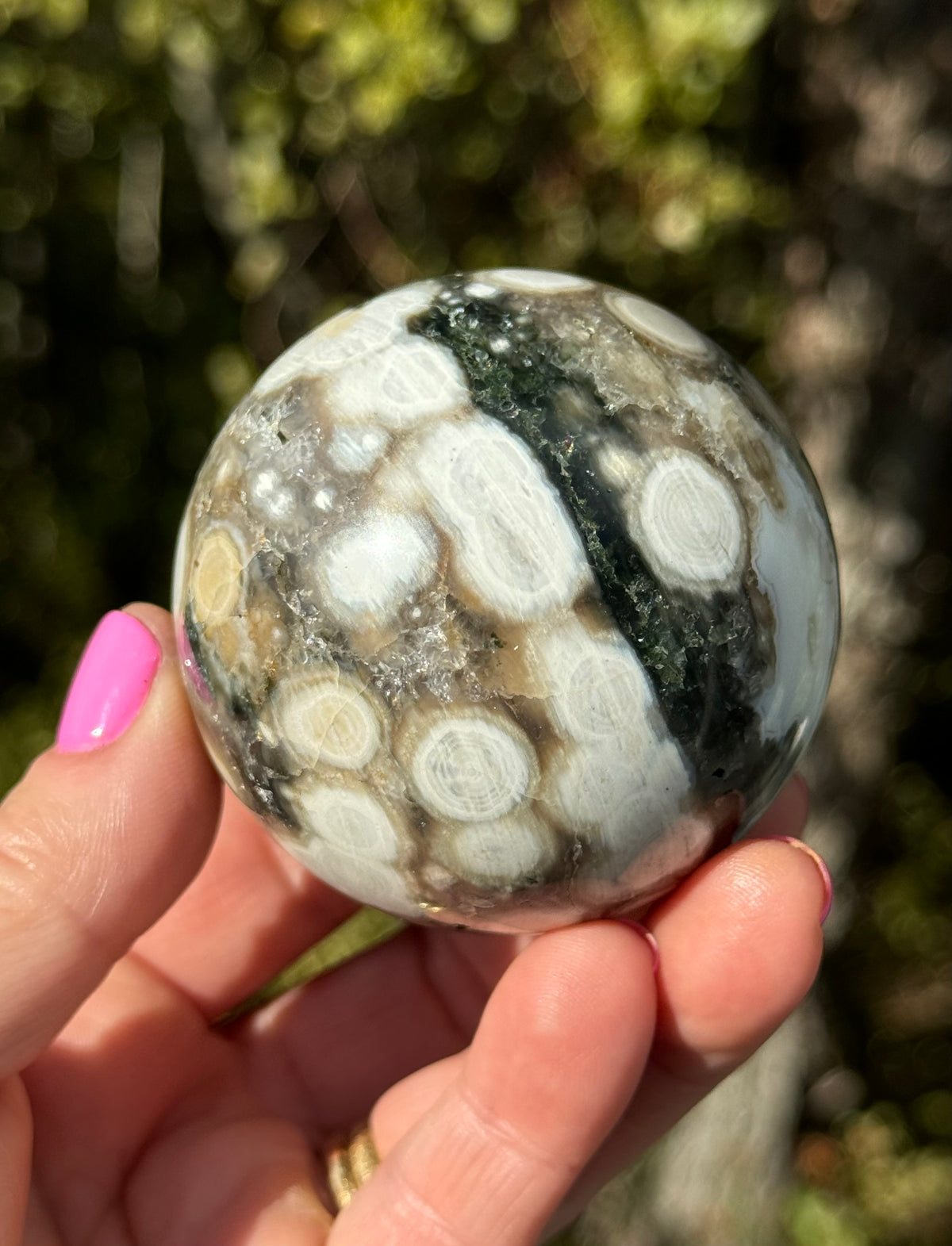 Gorgeous Rare Orbicular Ocean Jasper Sphere with Druzy – Old Stock, 6th Vein