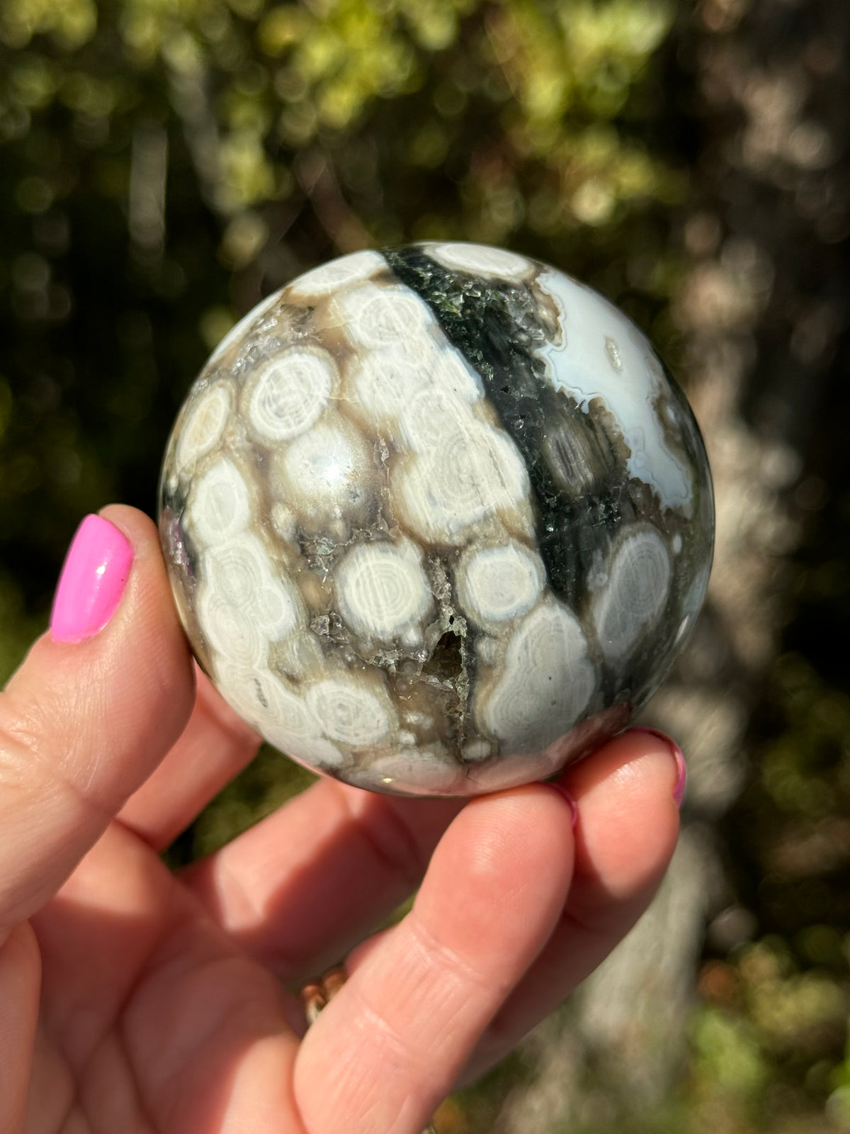 Gorgeous Rare Orbicular Ocean Jasper Sphere with Druzy – Old Stock, 6th Vein