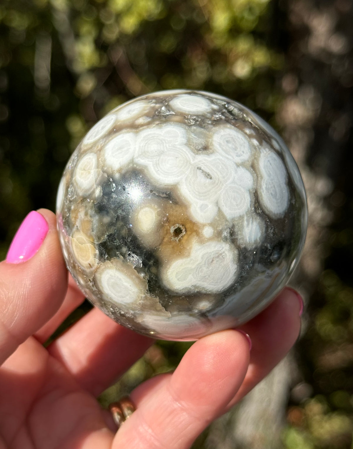 Gorgeous Rare Orbicular Ocean Jasper Sphere with Druzy – Old Stock, 6th Vein