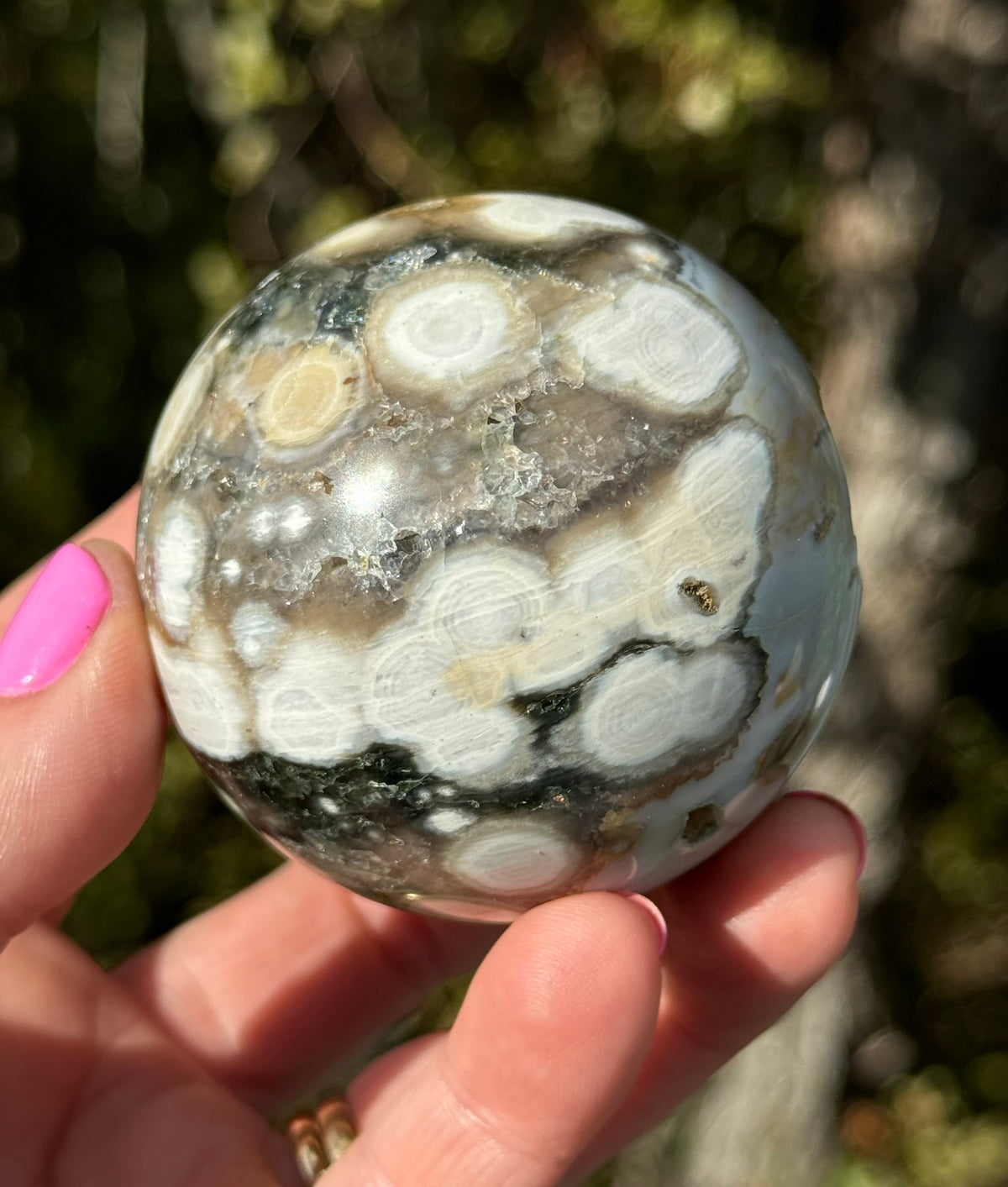 Gorgeous Rare Orbicular Ocean Jasper Sphere with Druzy – Old Stock, 6th Vein