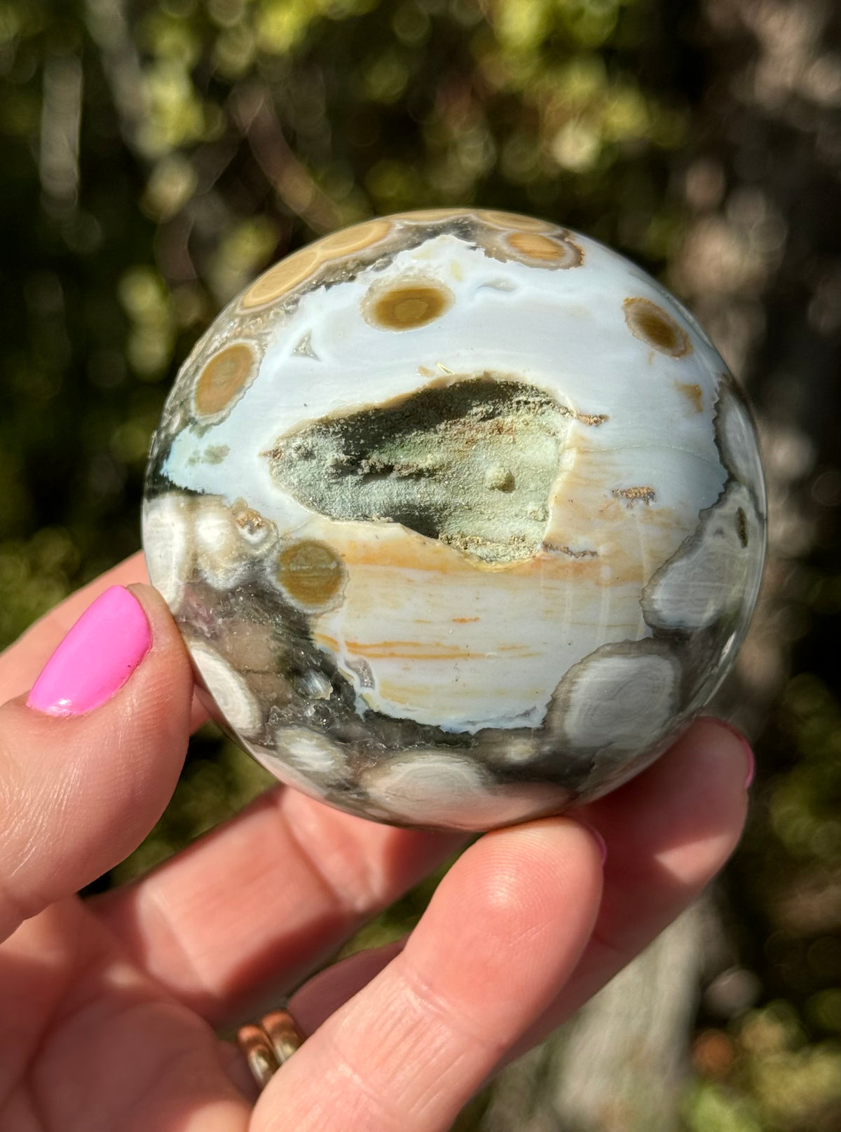 Gorgeous Rare Orbicular Ocean Jasper Sphere with Druzy – Old Stock, 6th Vein