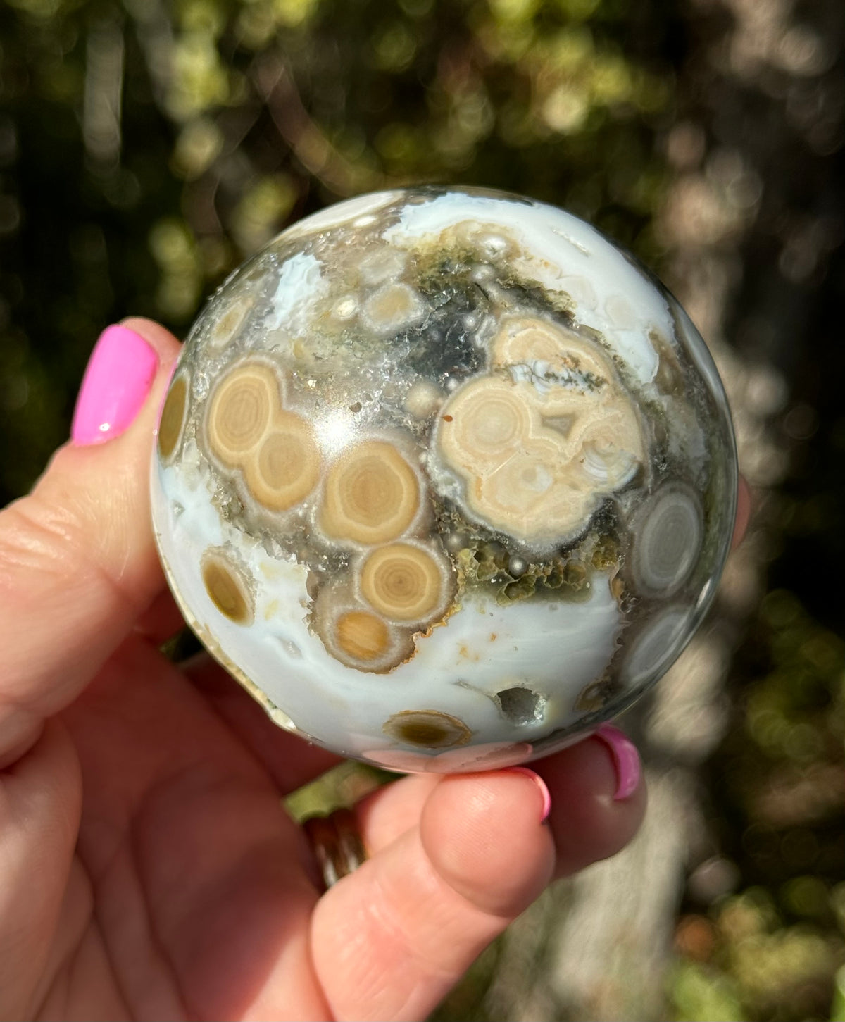 Gorgeous Rare Orbicular Ocean Jasper Sphere with Druzy – Old Stock, 6th Vein