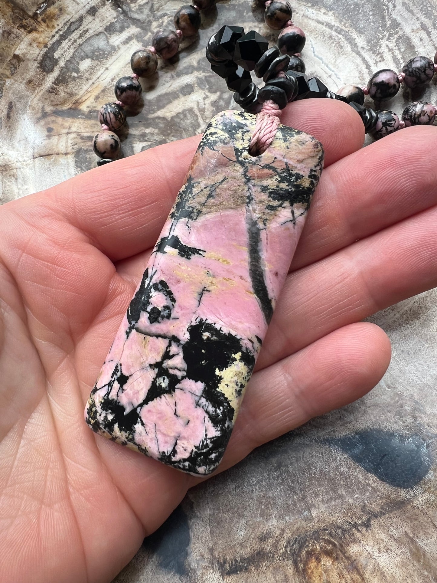 Mālā with Rhodonite Beads and a New Zealand Rhodonite Pendant