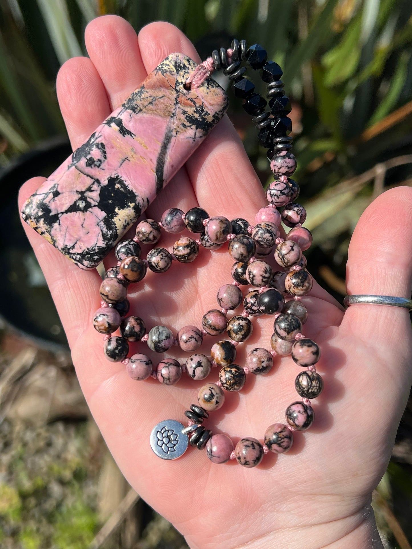 Mālā with Rhodonite Beads and a New Zealand Rhodonite Pendant