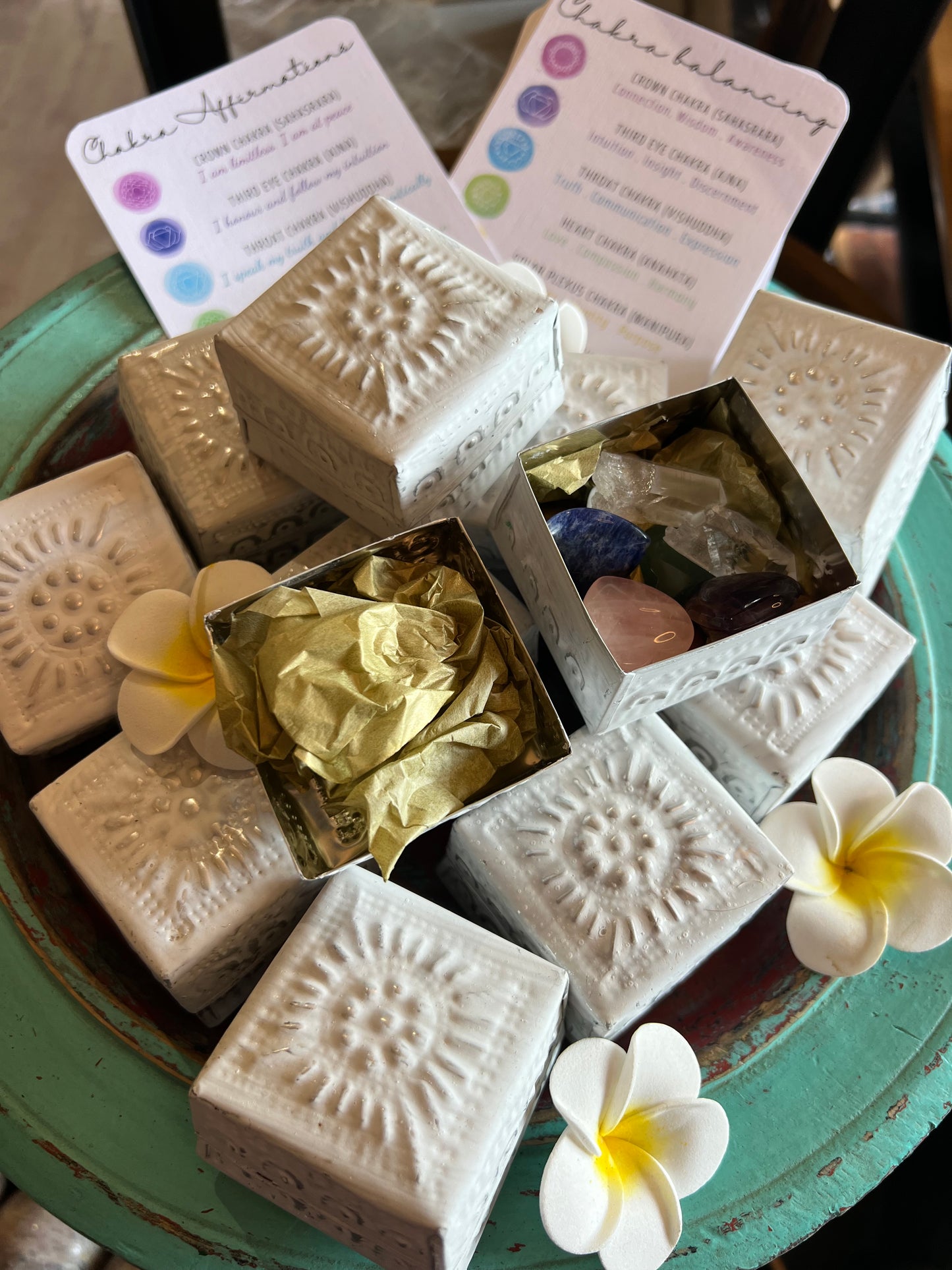 Handmade Bali Tin Box with Chakra coloured Hearts and Lemurian Points