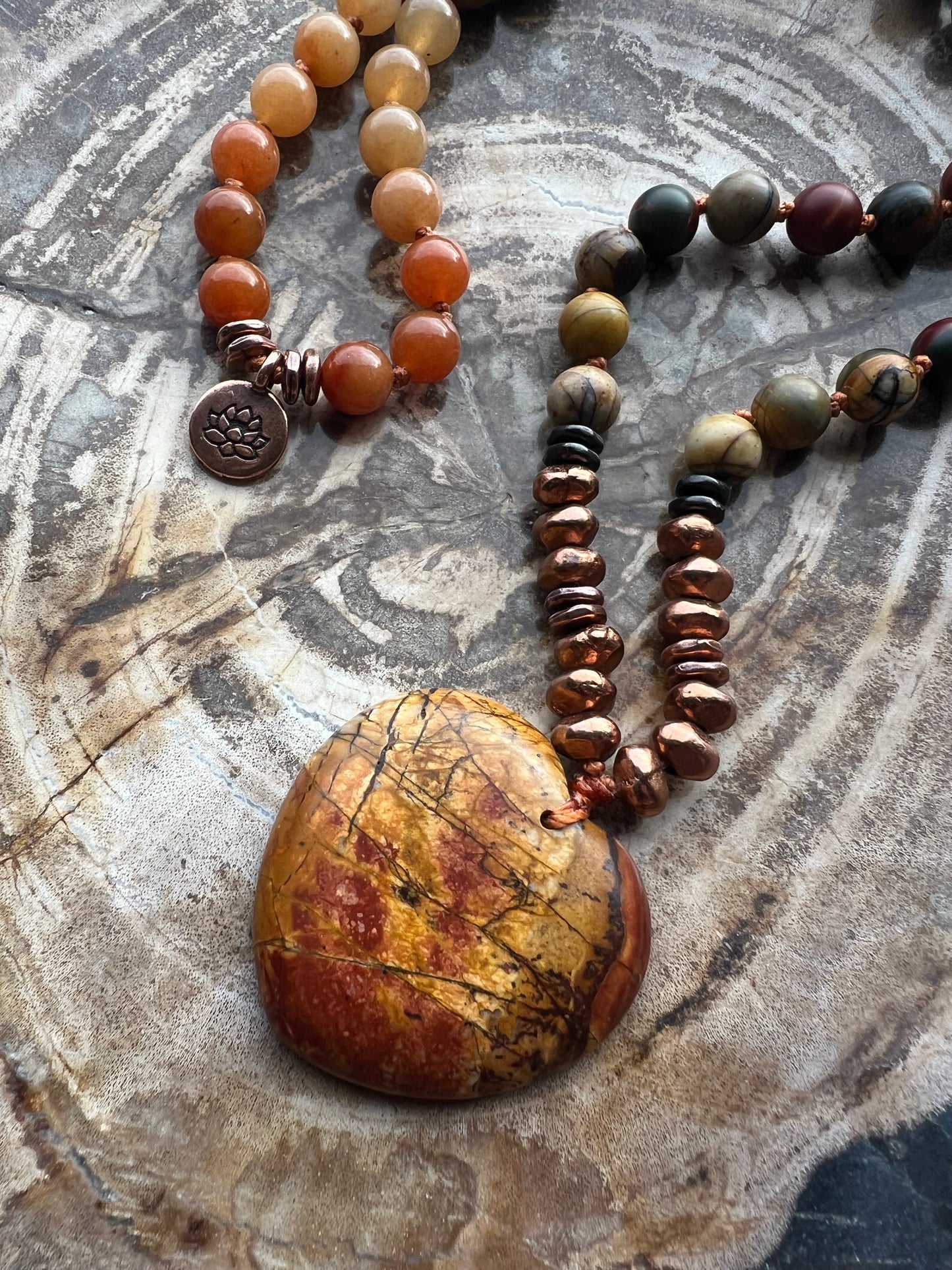 Mālā with Cherry Creek Agate, Mookaite, Orange Aventurine with a Cherry Creek Agate heart Guru Bead/Pendant