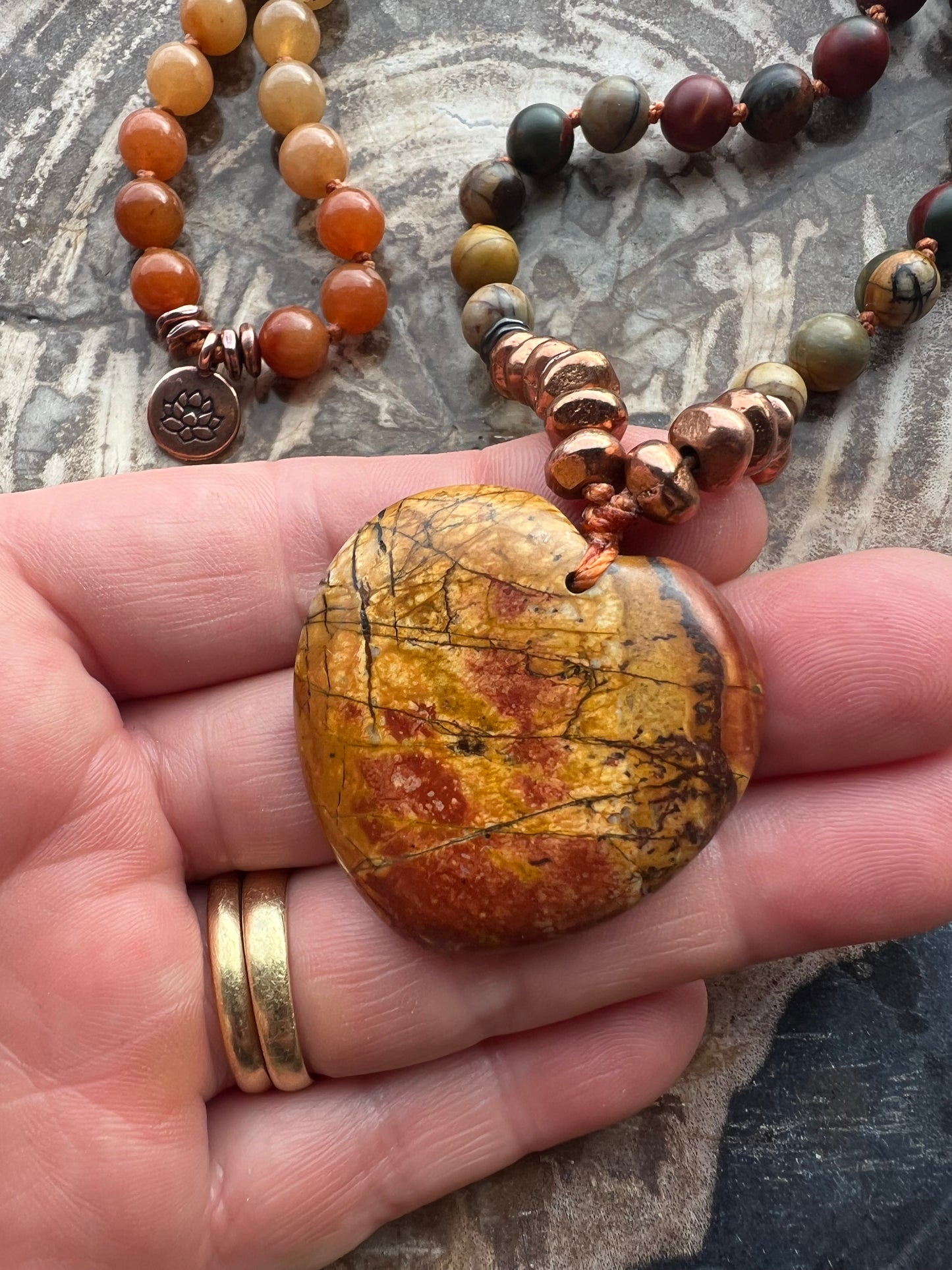 Mālā with Cherry Creek Agate, Mookaite, Orange Aventurine with a Cherry Creek Agate heart Guru Bead/Pendant