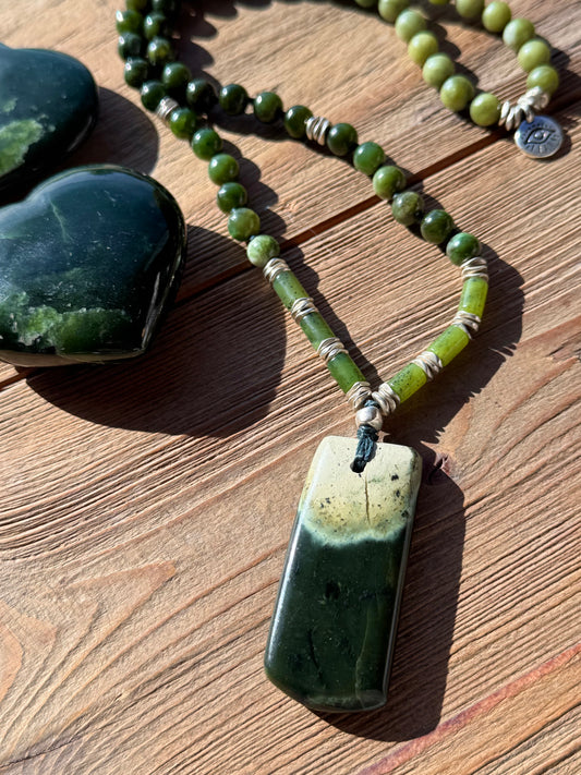 Mālā, Half Mālā with New Zealand Pounamu-Greenstone Pendant and Canadian Nephrite Jade beads