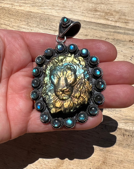 Sterling Silver and Labradorite Lion Pendant handmade