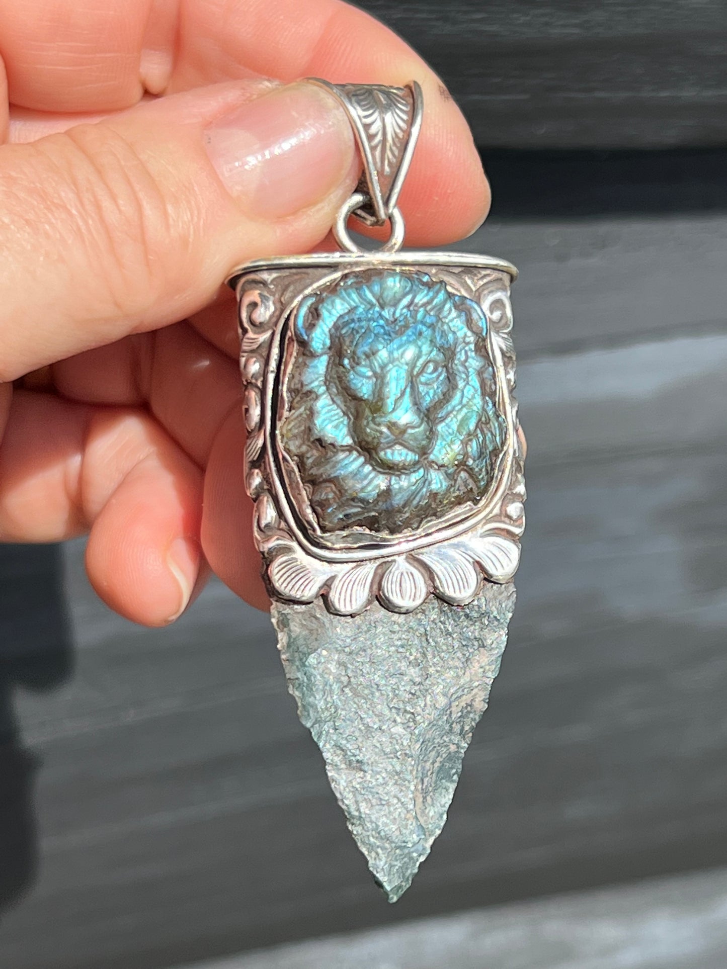 Sterling Silver and Labradorite Lion and Moss Agate Arrowhead Pendant handmade