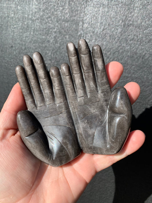 Silver Sheen Obsidian Offering Hands Bowl