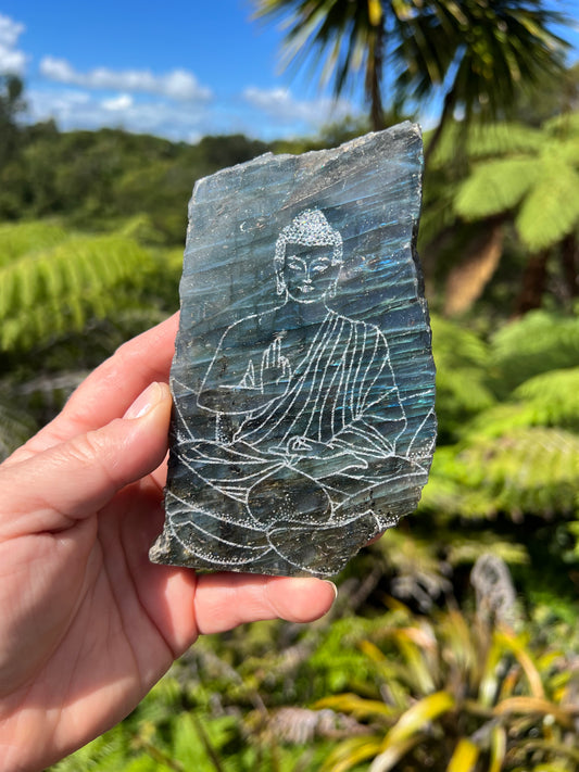 Labradorite Half Raw half Polished with Engraved Buddha