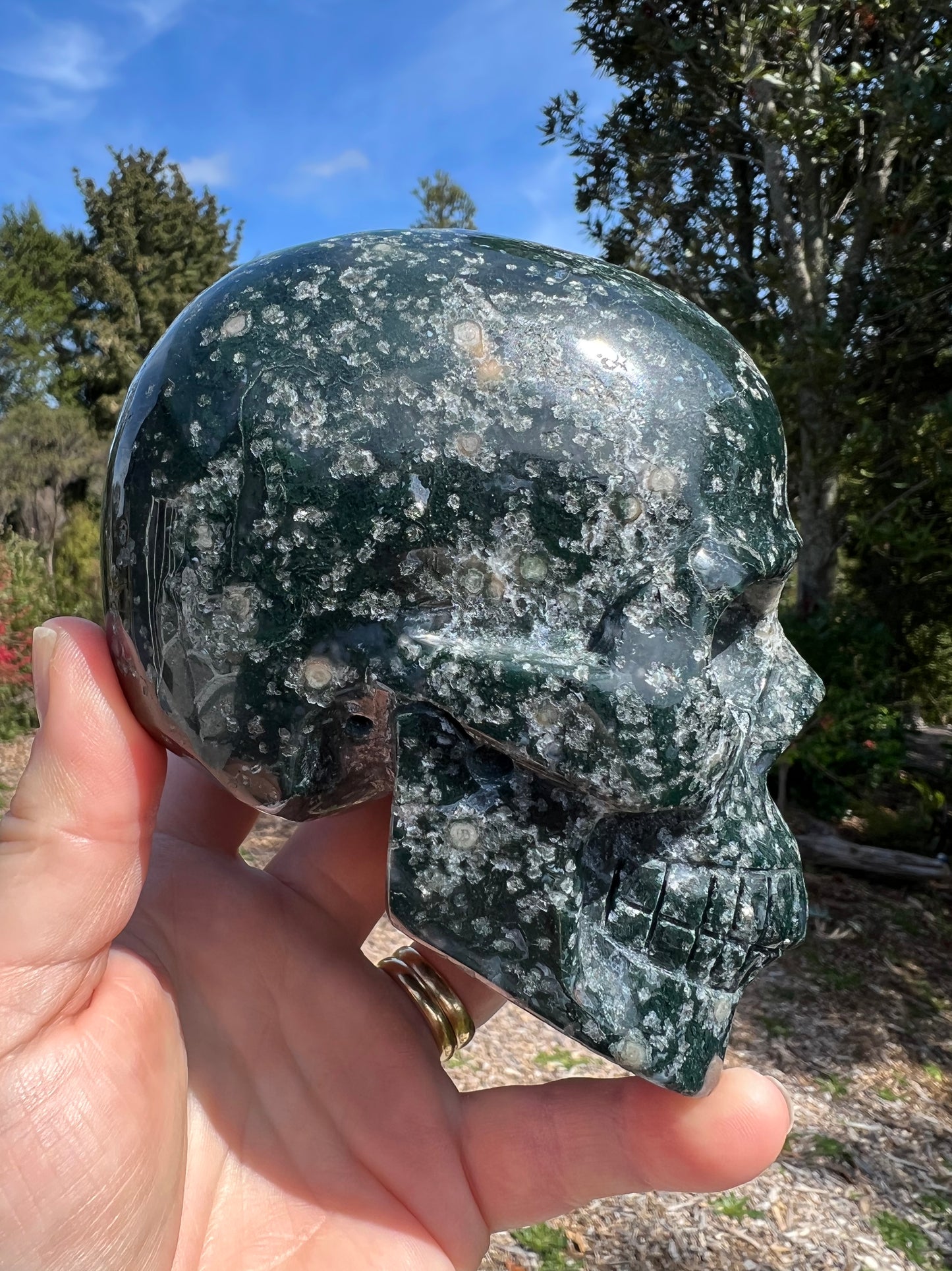 Moss Agate Carved Skull