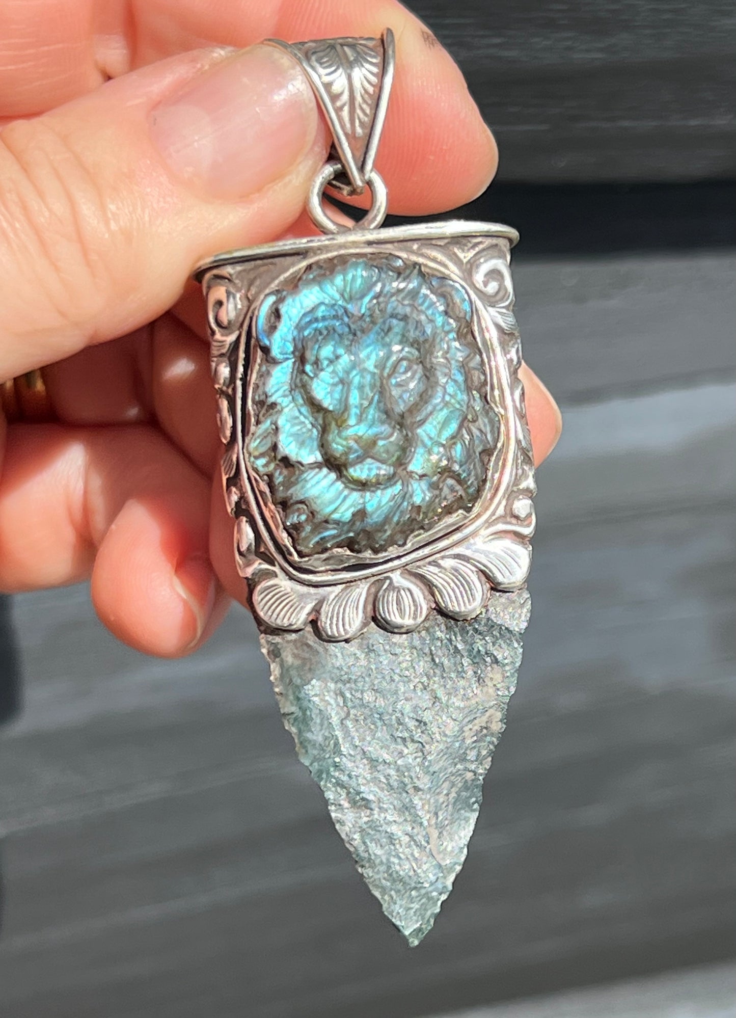 Sterling Silver and Labradorite Lion and Moss Agate Arrowhead Pendant handmade